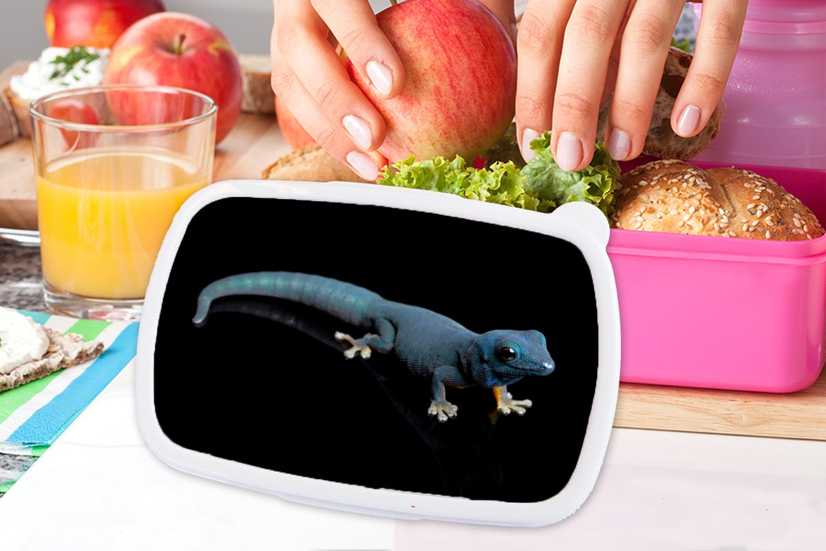 Blauer Mädchen, Brotbox (2-tlg), auf Kinder, MuchoWow Gecko rosa Brotdose für Lunchbox Hintergrund, Kunststoff, schwarzem Kunststoff Snackbox, Erwachsene,