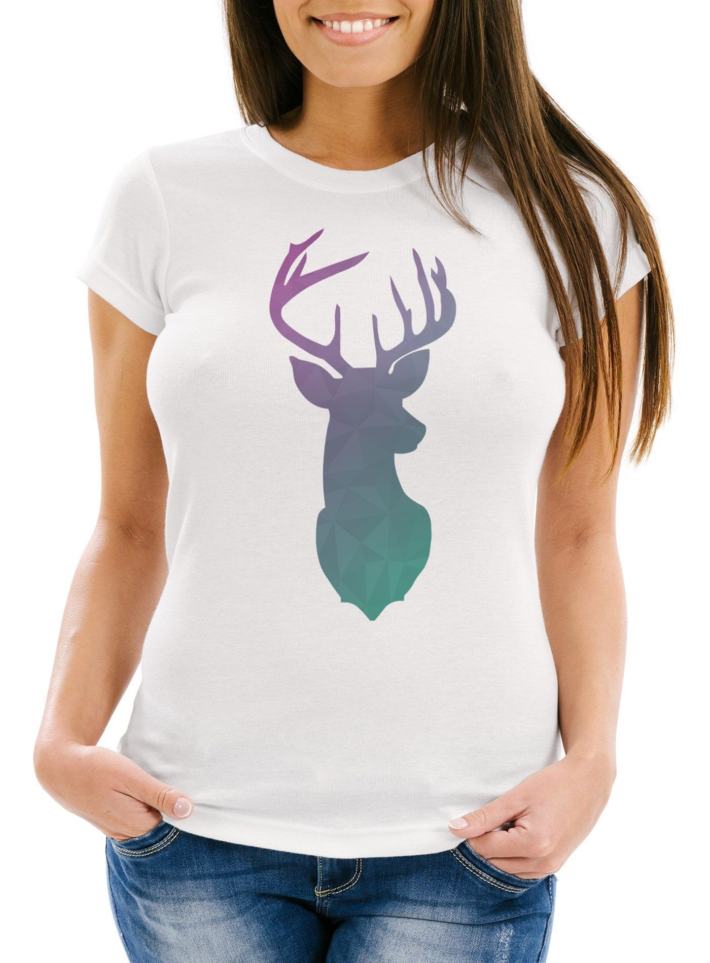 Neverless Print-Shirt Damen T-Shirt Hirsch Geweih günstig online kaufen