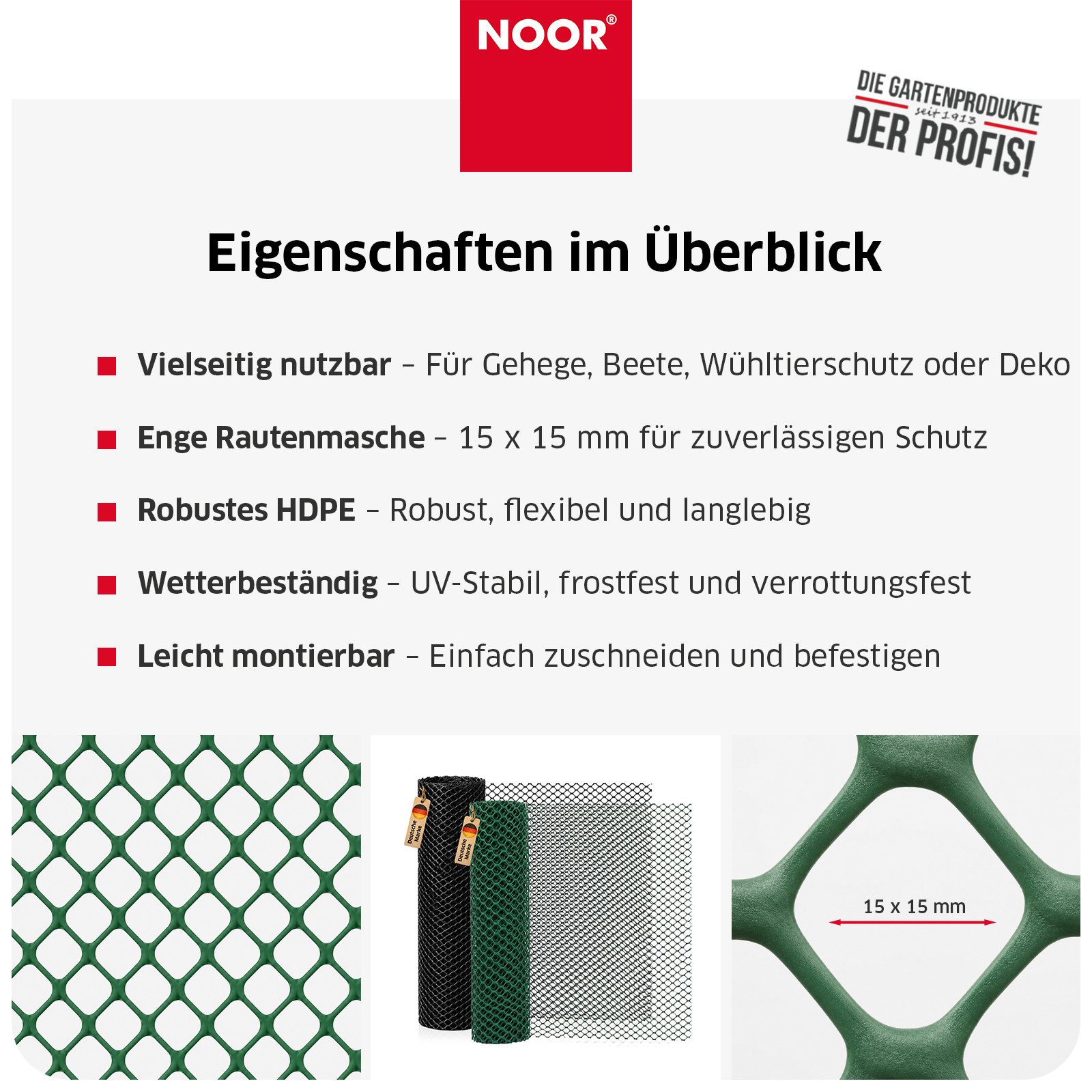 NOOR Gartenzaun Kunststoffzaun 270g/m2 - PVC ummantelt - 15x15 mm Maschenweite, Vielseitig einsetzbares Drahtgeflecht - wetterfest & flexibel