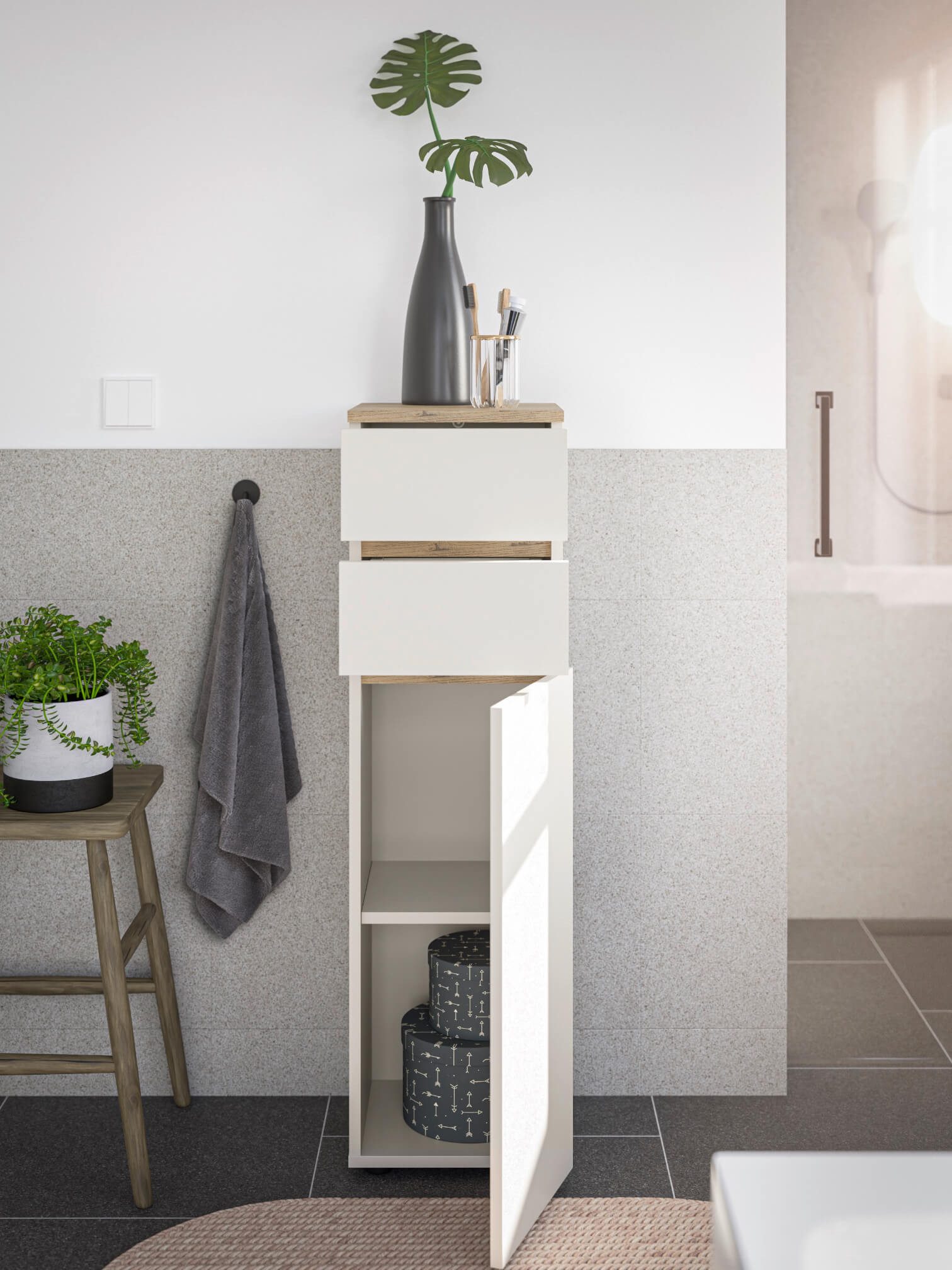 moebel-dich-auf Badkommode LONDRES (Badezimmerschrank Badschrank, mit 1 Tür und 2 Schubkästen, BxH 30x108 cm), in kaschmir oder anthrazit, Absetzung: Cremona Ei – Bild 3 von 5