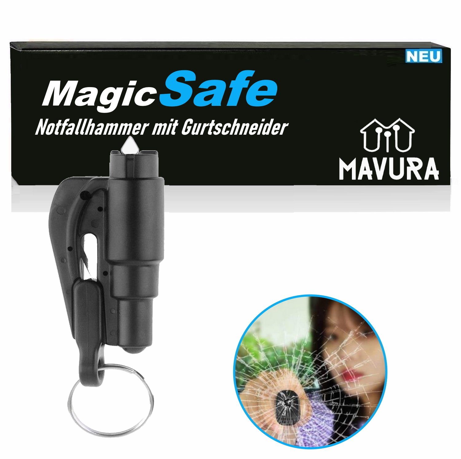 Rettungswerkzeug MagicSafe mit, Hammer Gurtschneider Autohammer MAVURA Notfallhammer Auto Glasbrecher Glashammer