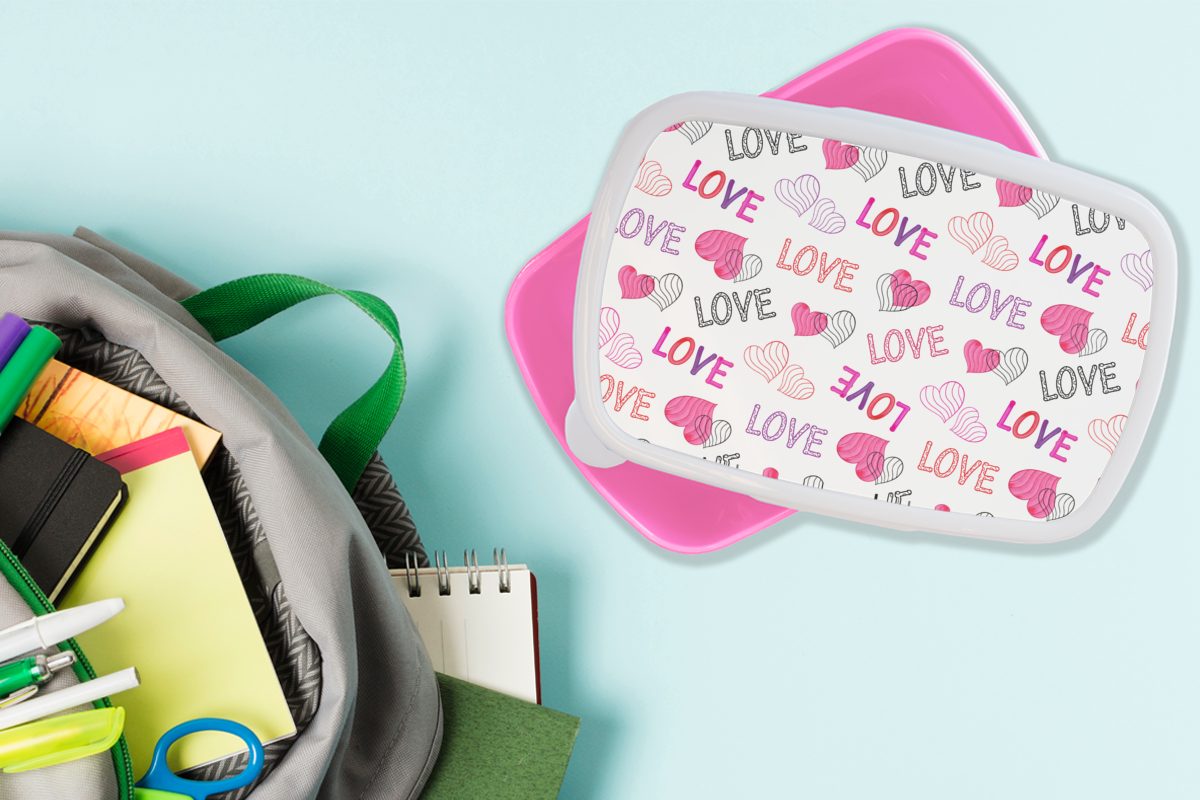 für (2-tlg), Kunststoff Erwachsene, - Kinder, Valentinstag MuchoWow Lunchbox - Kunststoff, rosa Muster, Snackbox, Brotdose Mädchen, Brotbox Liebe