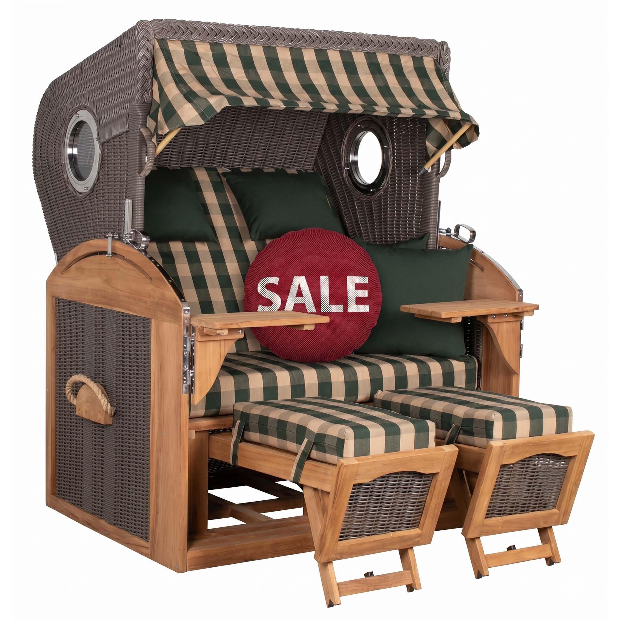 MR.DEKO Strandkorb XL Schillig Volllieger Teak PE Grey 2,5-Sitzer Bullauge, BxTxH: 142x95x170 cm, Vollieger, Schillig XL, (bereits montiert, ideal für Garten, Terasse und großen Balkon, 1-tlg), 2,5 Sitzer Strandkorb XL, Vollieger verstellbar