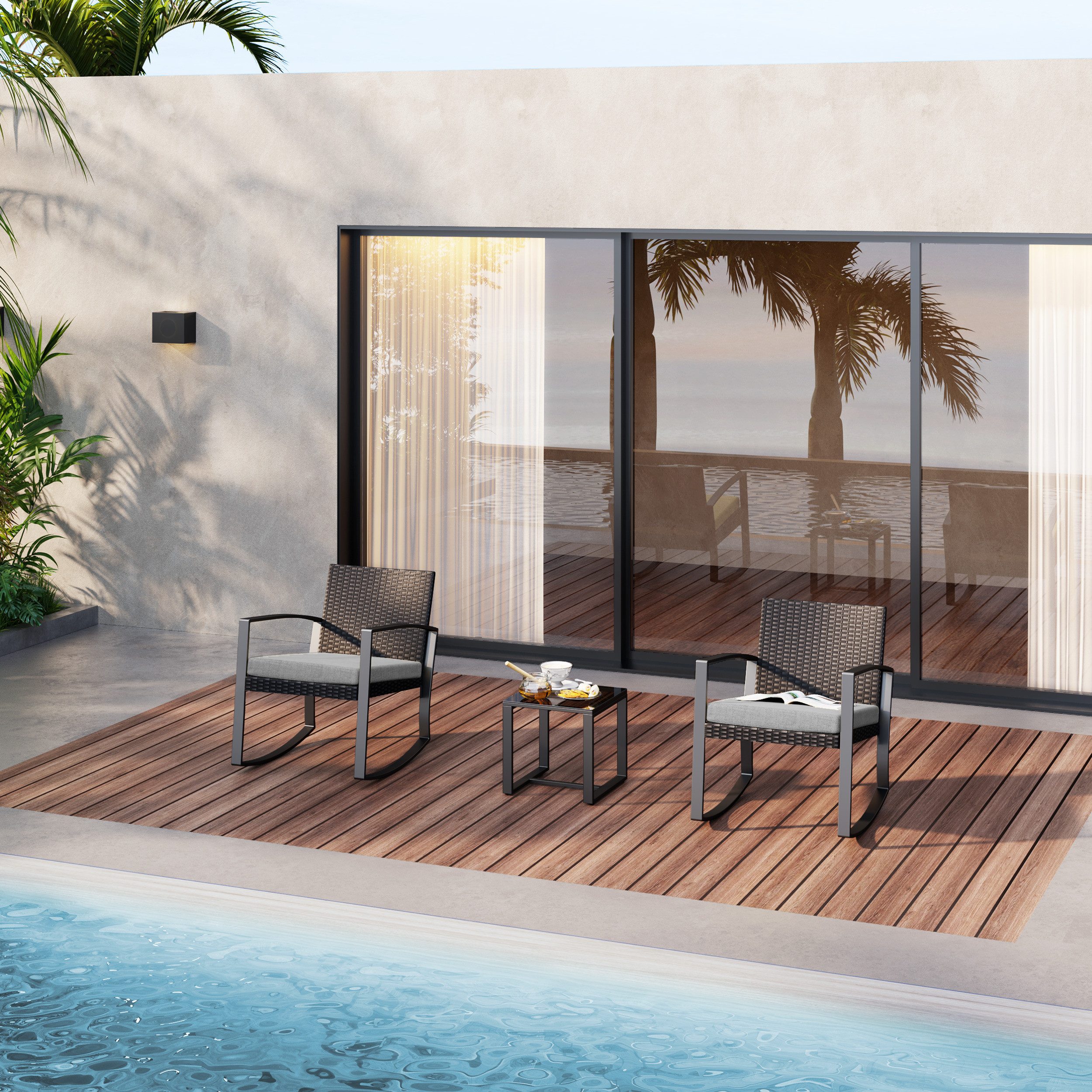 Bealife Balkonset Gartenlounge-Set, (3-tlg), 1 Tisch und 2 Stühle, Rattan Gartenmöbel, (Mit Schaukel-Funktion)