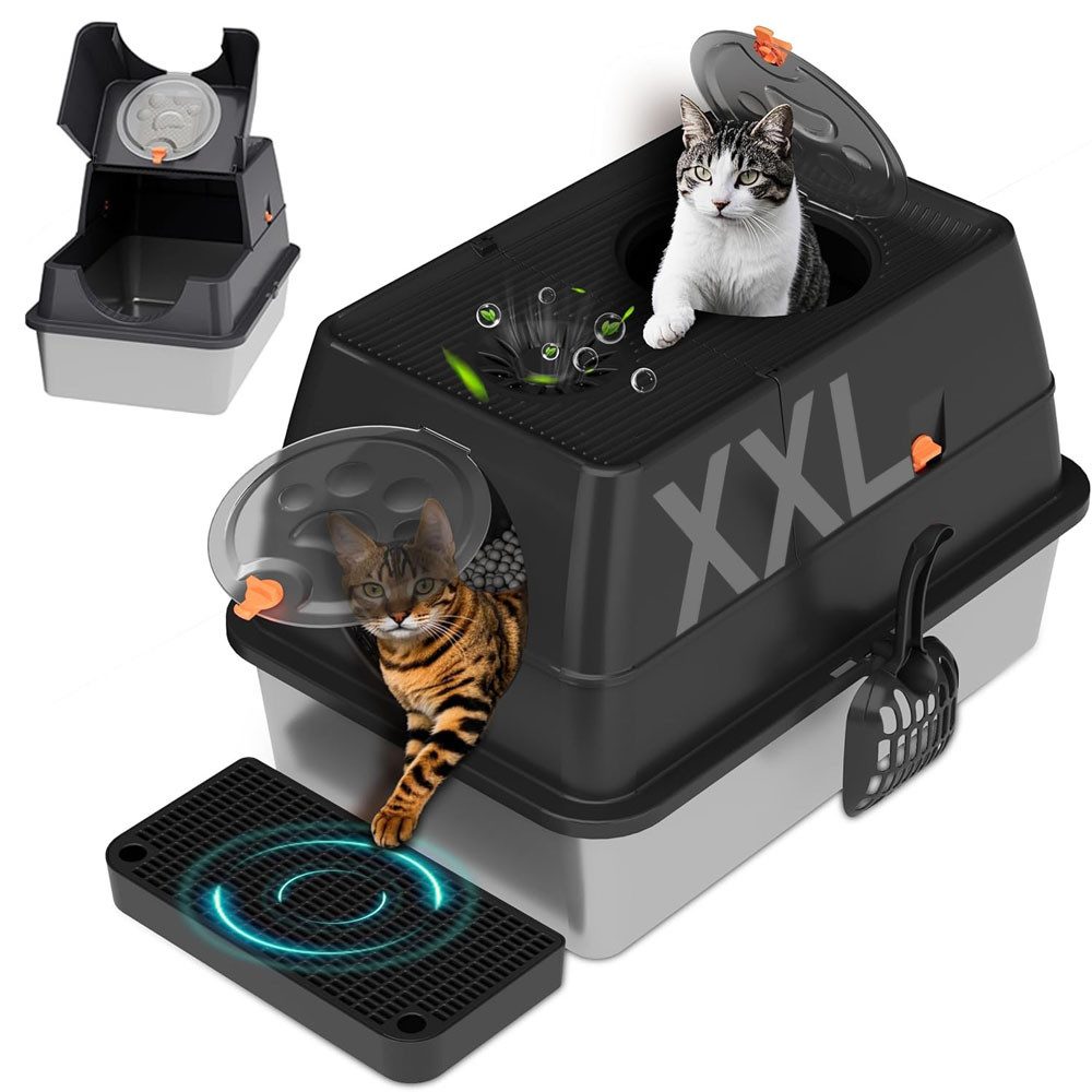 SURFOU Katzentoilette Katzenklo Edelstahl mit Deckel, XXL Großes Katzentoilette mit Schaufel, 60x40x39 cm, mit Katzenstreumatte, Streuschaufel & Aktivkohlefilter