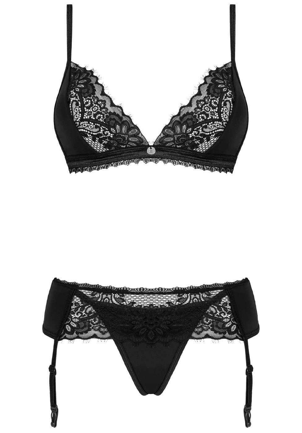 Obsessive Set: Bügelloser BH Maderris String - Strumpfhalter schwarz und BH, Dessous-Set