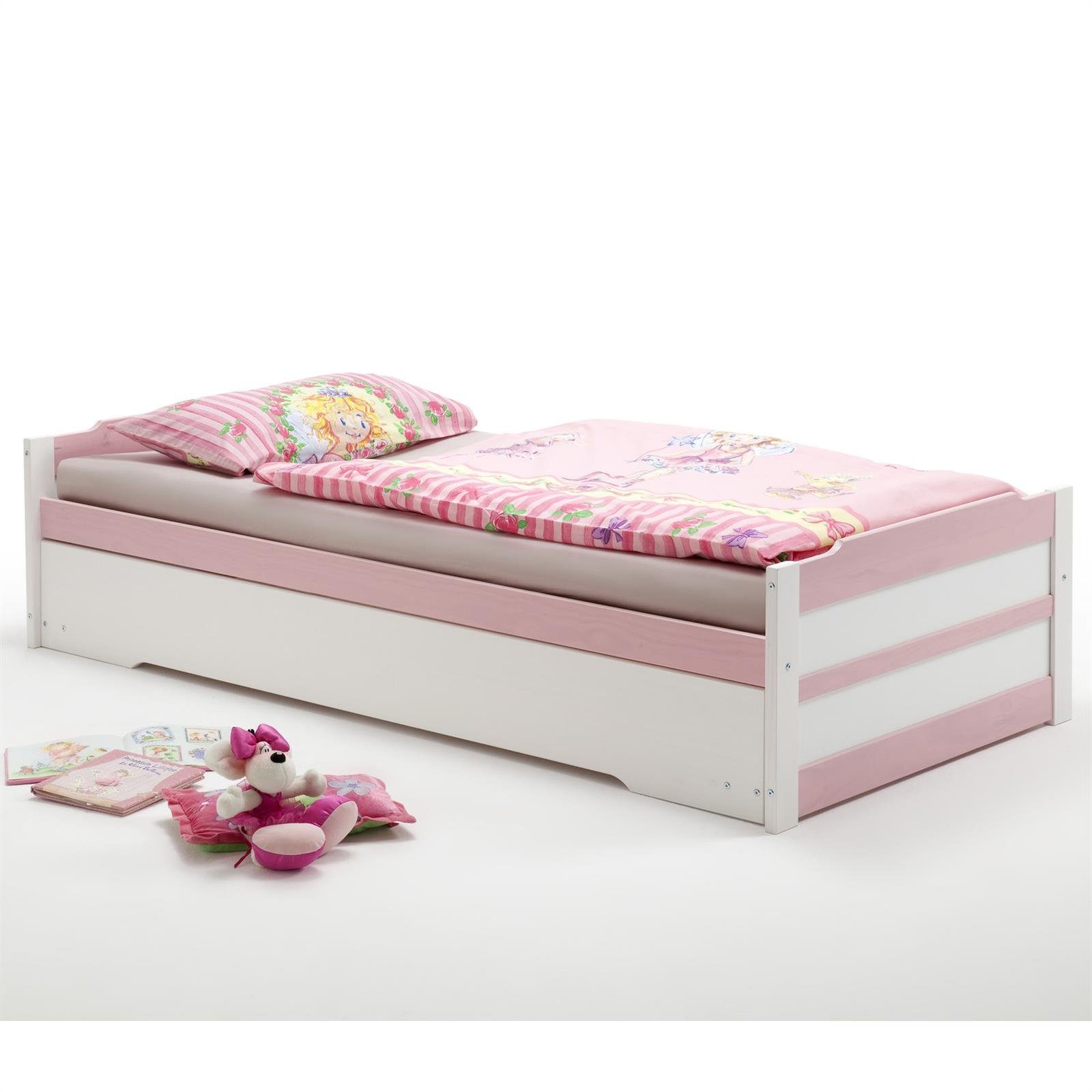 Tagesbett Funktionsbett massiv Stauraum Bett LORENA, Ausziehbett IDIMEX mit Bett weiß/rosa weiss/rosa Kiefer