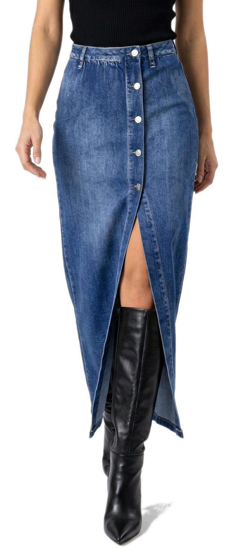 dy_mode Jeansrock Damen Maxi Rock High Waist mit Frontschlitz Jeansrock Freizeitrock High Waist, mit Gehschlitz