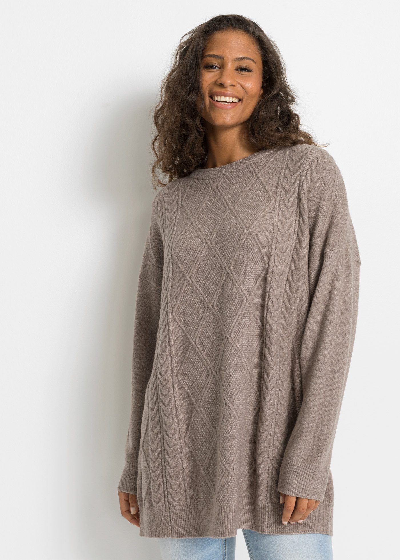 bonprix Strickpullover mit tollem Zopfmuster, lässige Oversized Passform, Melange-Optik