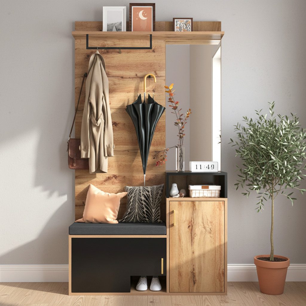kowdom Garderobe Garderoben-Set mit Spiegel & Sitzbank Flurgarderobe Schuhschrank (Set, Komplettset), Spiegel, Sitzbank, Schuhschrank, Garderoben-Set, platzsparend