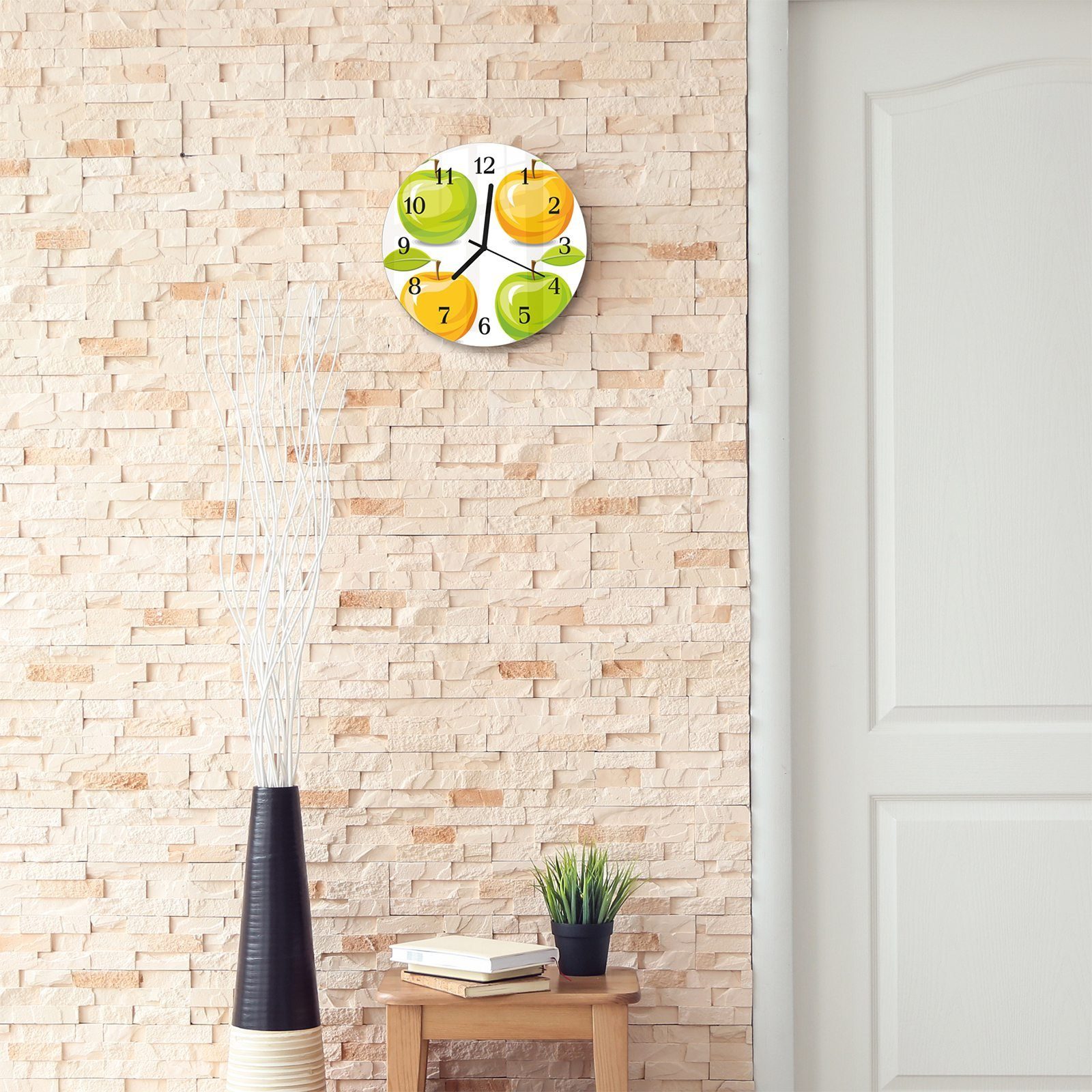 digital mit Rund - cm mit Primedeco Glas Quarzuhrwerk Äpfel aus Wanduhr Motiv Wanduhr 30 und Durchmesser