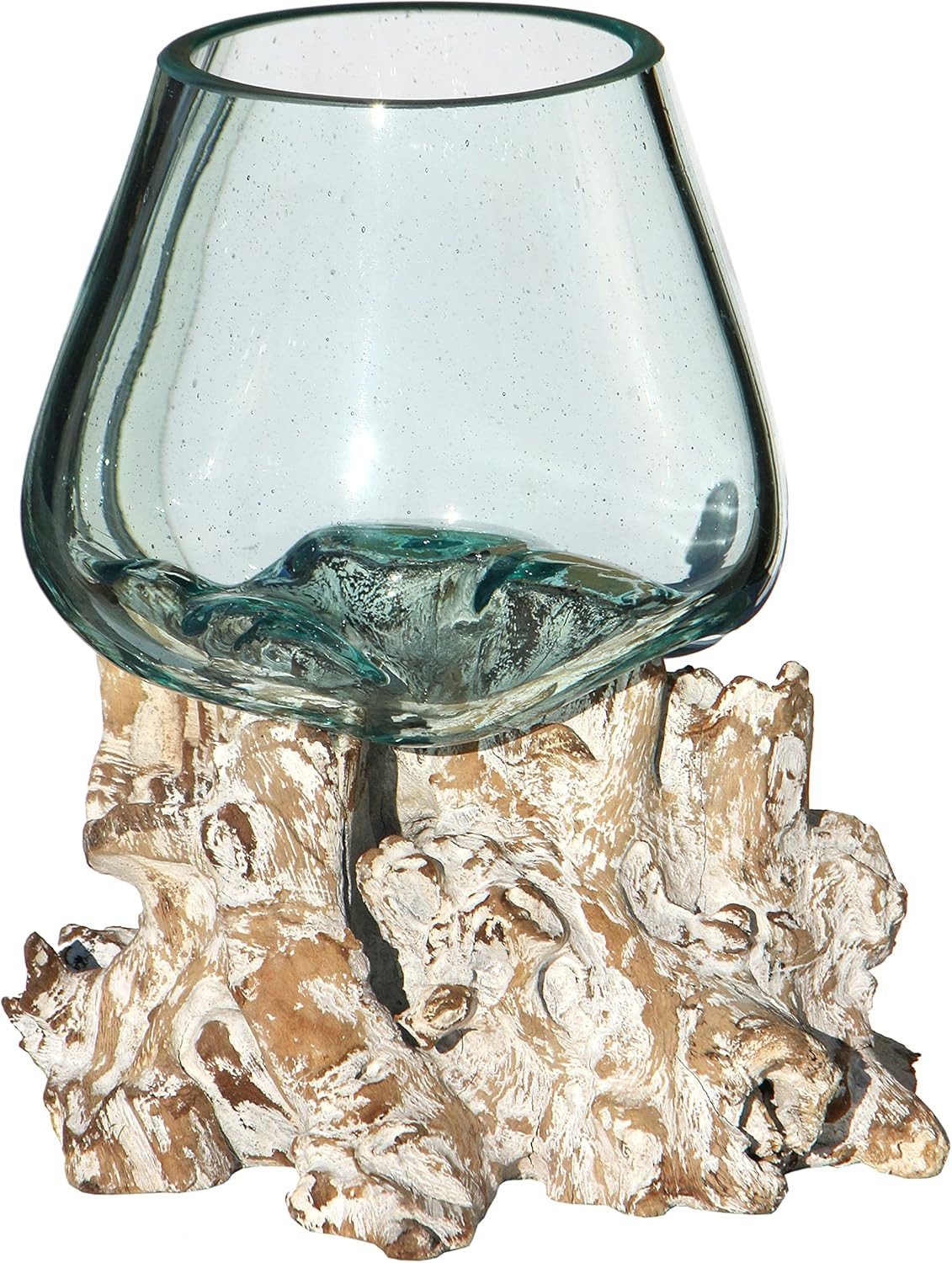 Wogeka Dekovase Glas-Vase auf weißem Wurzelholz Teakholz Gamal