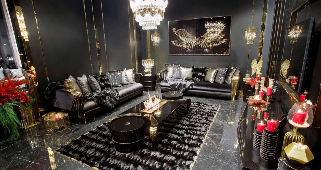 JVmoebel Sofa Designer Schwarzes Sofa-Set 2x Luxus 3-Sitzer Edler Couchtisch 3tlg, 1 Teile