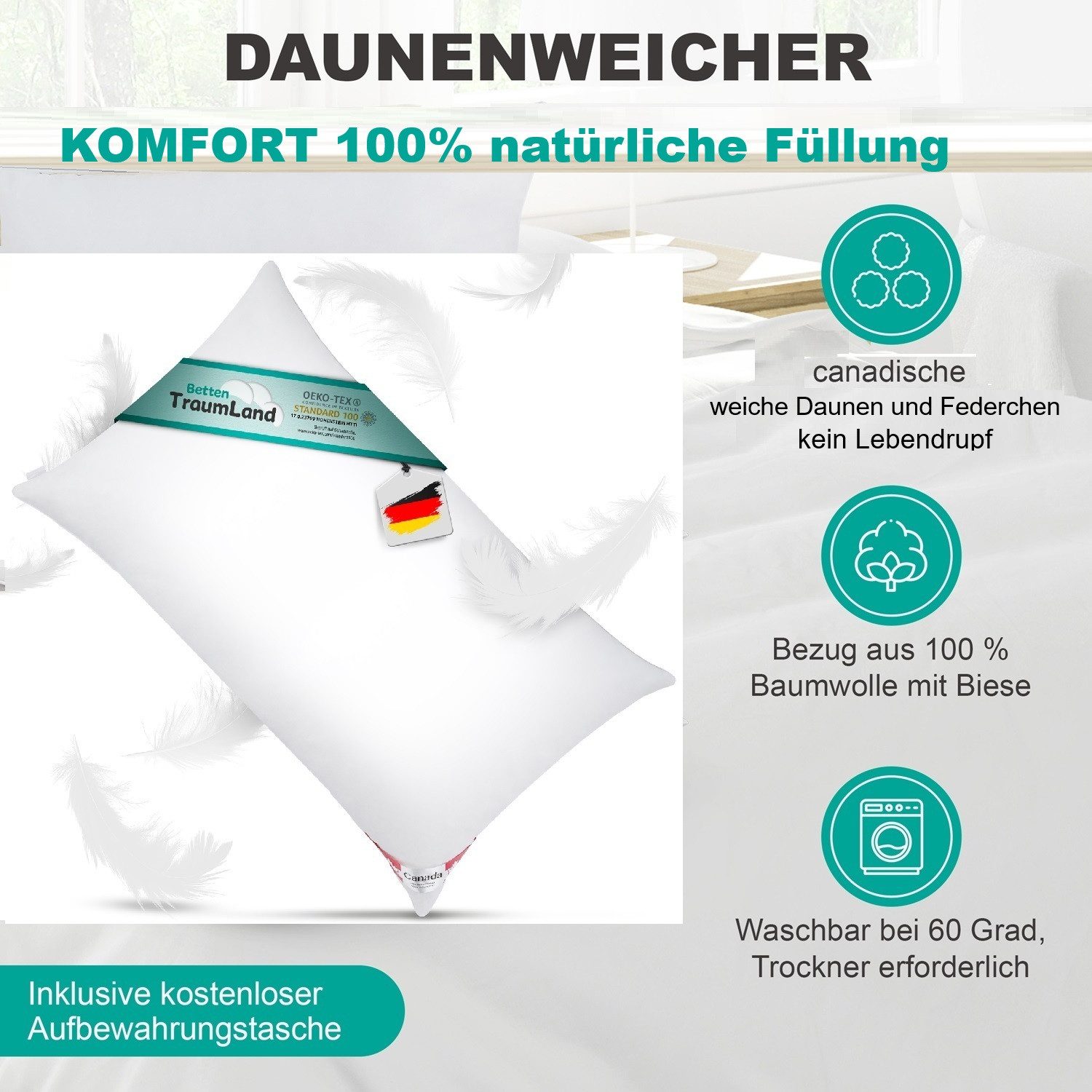 Canada Daunenkissen Daunenkissen Kopfkissen Soft Feeling, Füllung: 50% Daunen 50% Federchen, Seitenposition, Rückenposition, Bauchposition, weiches Liegegefühl, keine piksen