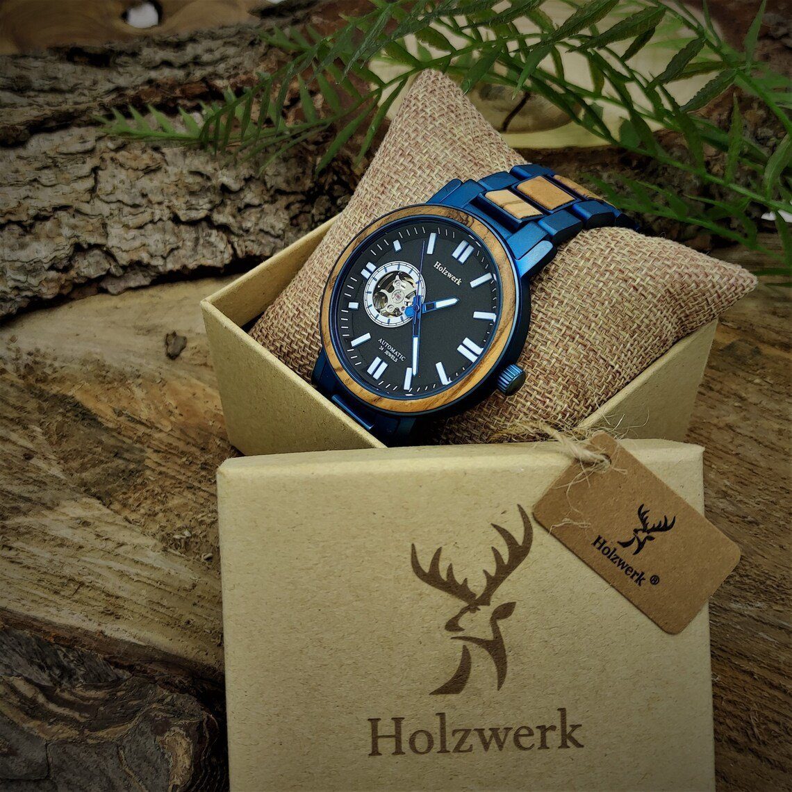 Holzwerk Automatikuhr COBURG Herren Uhr, Armband blau, Holz beige & Edelstahl schwarz