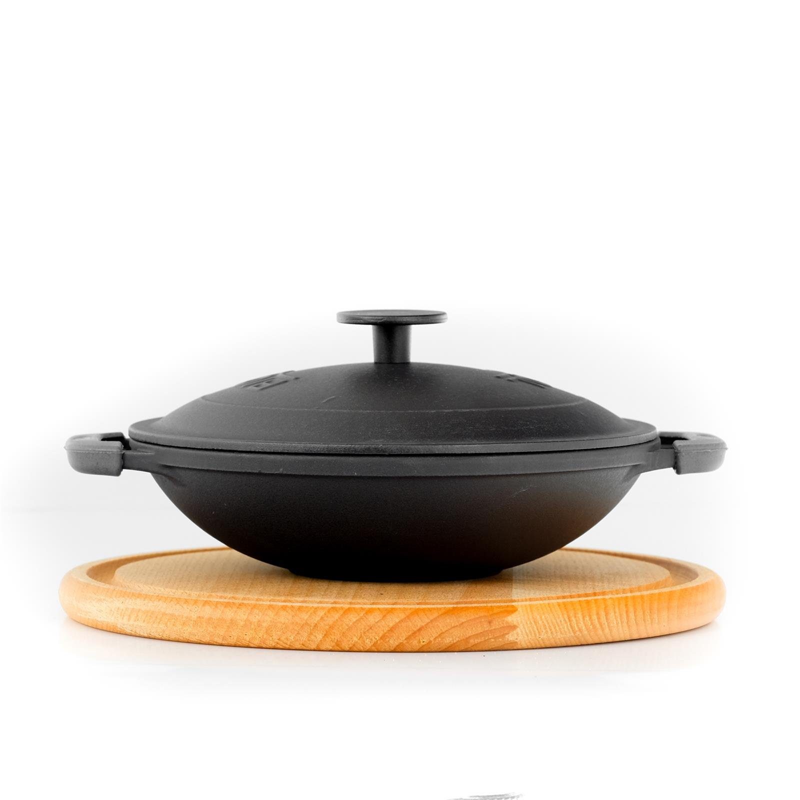 4BIG.fun Wok Servierpfanne 14cm Gusseisen emailliert Wok-Pfanne, Gusseisen (Gusswok Emaillie mit Holzbrett)
