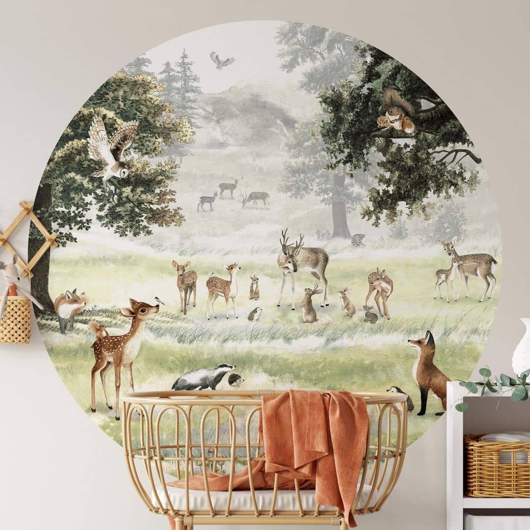 K&L Wall Art Fototapete Fototapete Baby Kinderzimmer Wald Freunde Bär Hirsch Vliestapete rund, große Kinder Motivtapete