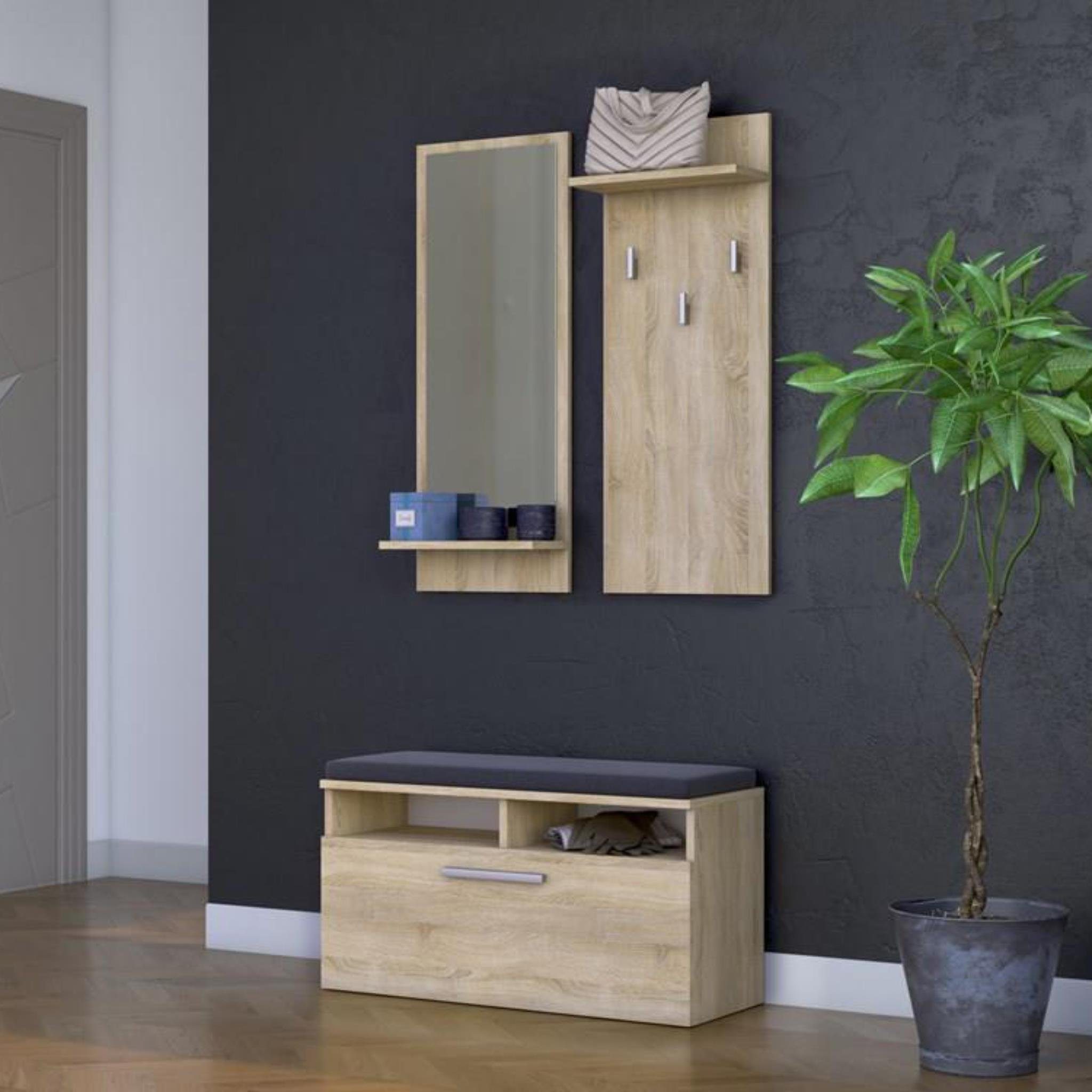 Beautysofa Kompaktgarderobe Harmony (stilvoll Dielegarderobe, Flurkommode mit Klaptür) Schuhschrank mit Sitz, 6 Fächer, 3 Kleiderhaken, mit Spiegel Sonoma