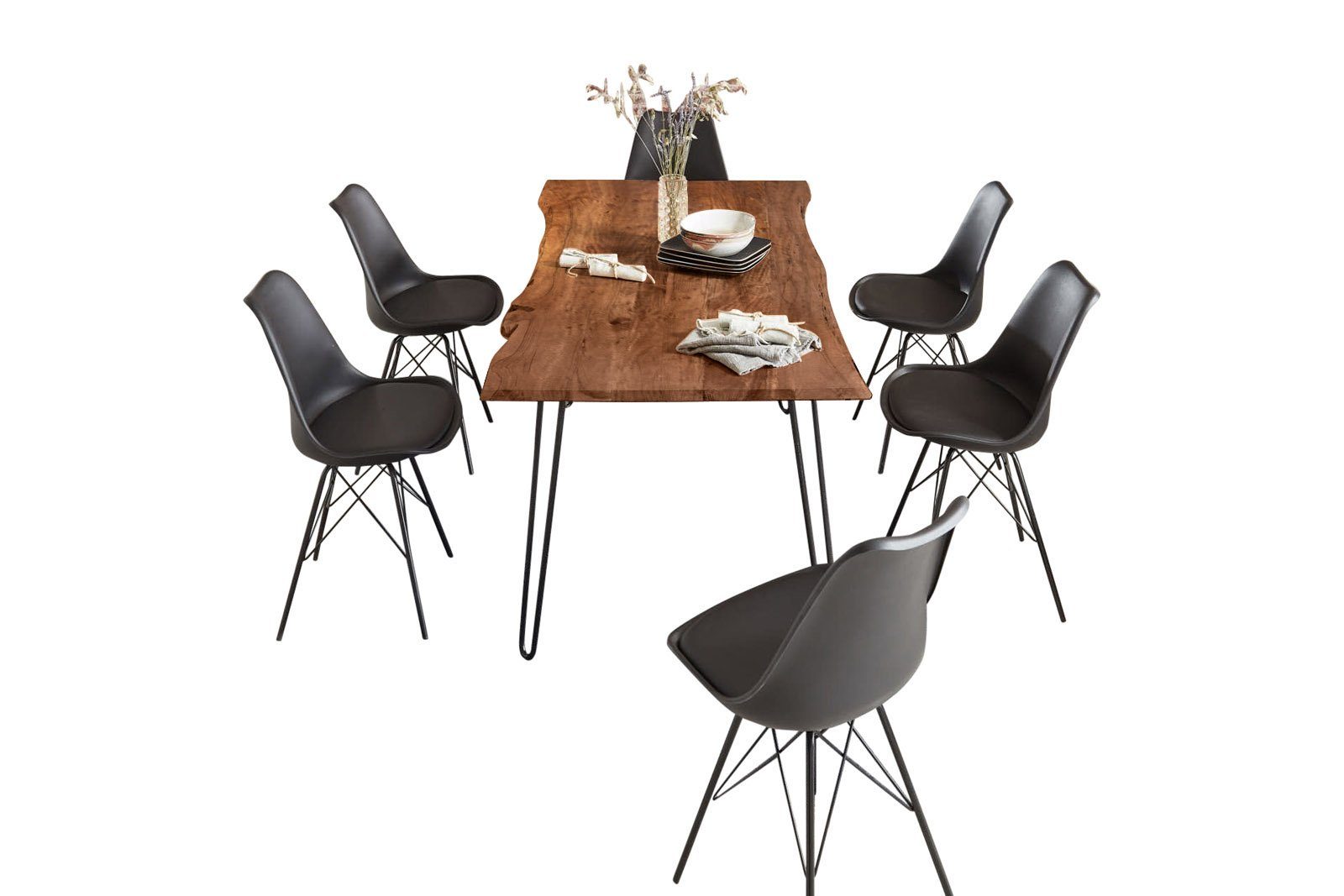 SAM® Essgruppe Metallgestell Piura, 6 Stühle nussbaumfarben, Akazienholz, und Baumkante