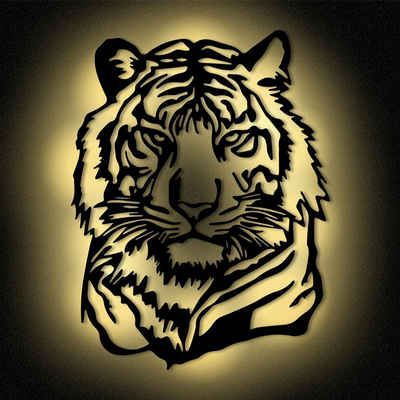 Namofactur LED Wandleuchte Tiger - Dekoobjekt aus Holz mit Tier-Motiv - Wand Deko Lampe, LED fest integriert, Warmweiß, Wanddekoobjekt Wohnzimmer Leuchte batteriebetrieben