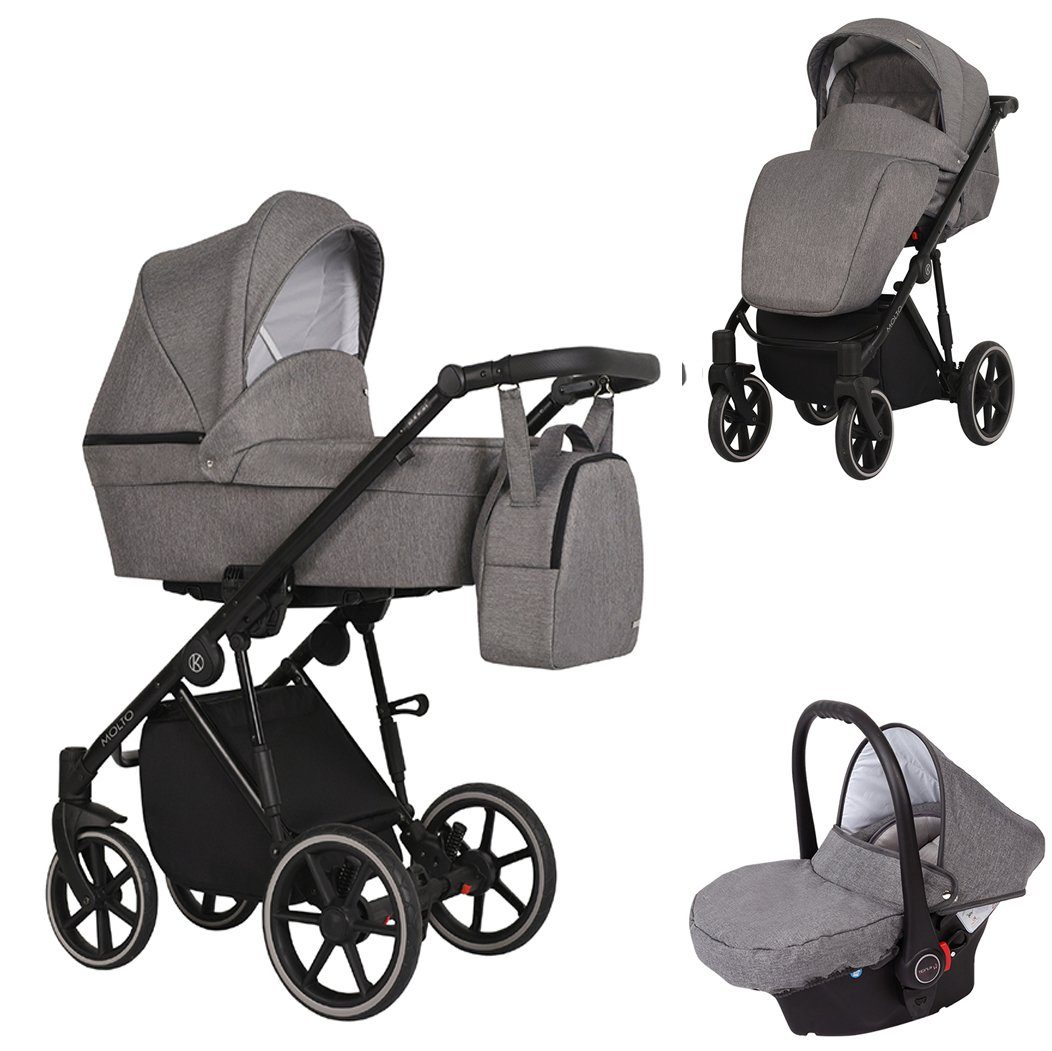 babies-on-wheels Kombi-Kinderwagen Molto 3 in 1 inkl. Autositz - 13 Teile - von Geburt bis 4 Jahre Grau = schwarzes Gestell