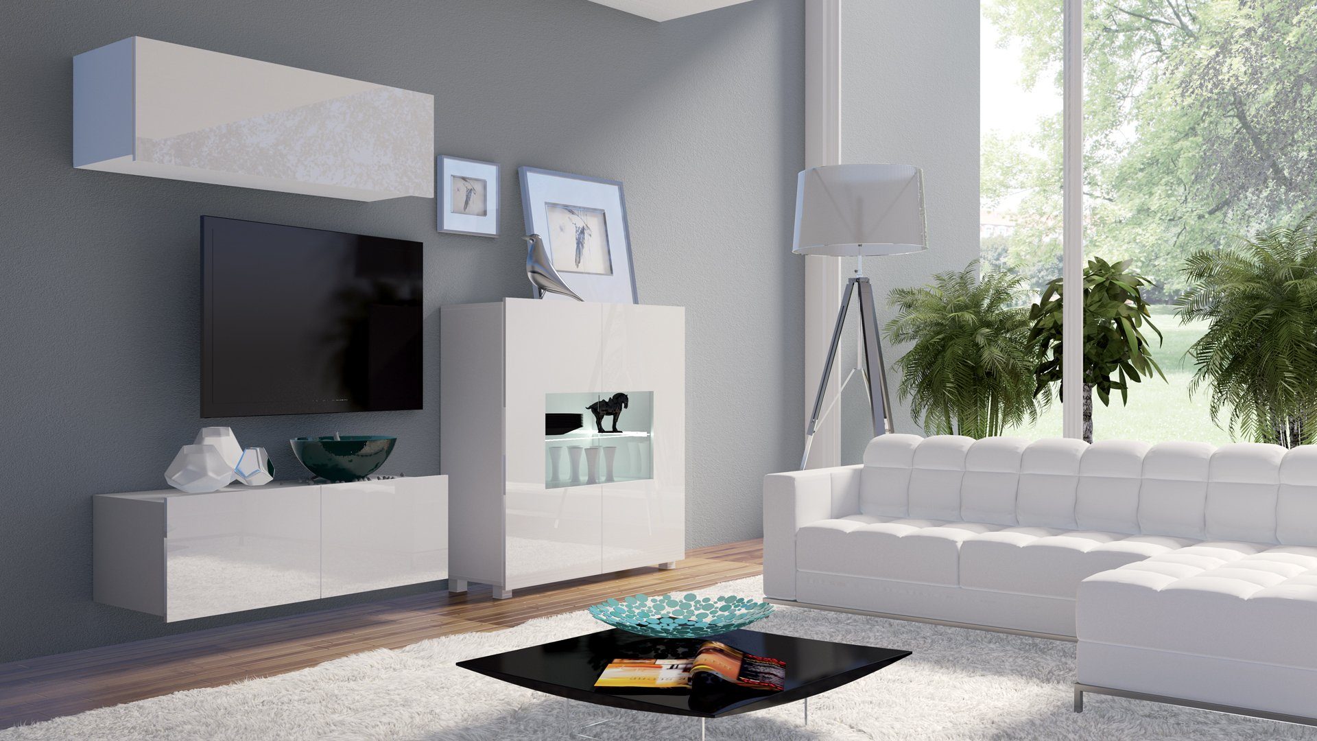 Stylefy Wohnwand Bietula, (Set (3-St), Wohnzimmer-Set), bestehend aus 1xWandboard, 1xLowboard und 1xKommode, wahlweise mit LED-Beleuchtung, variabel hängbar Weiß Hochglanz