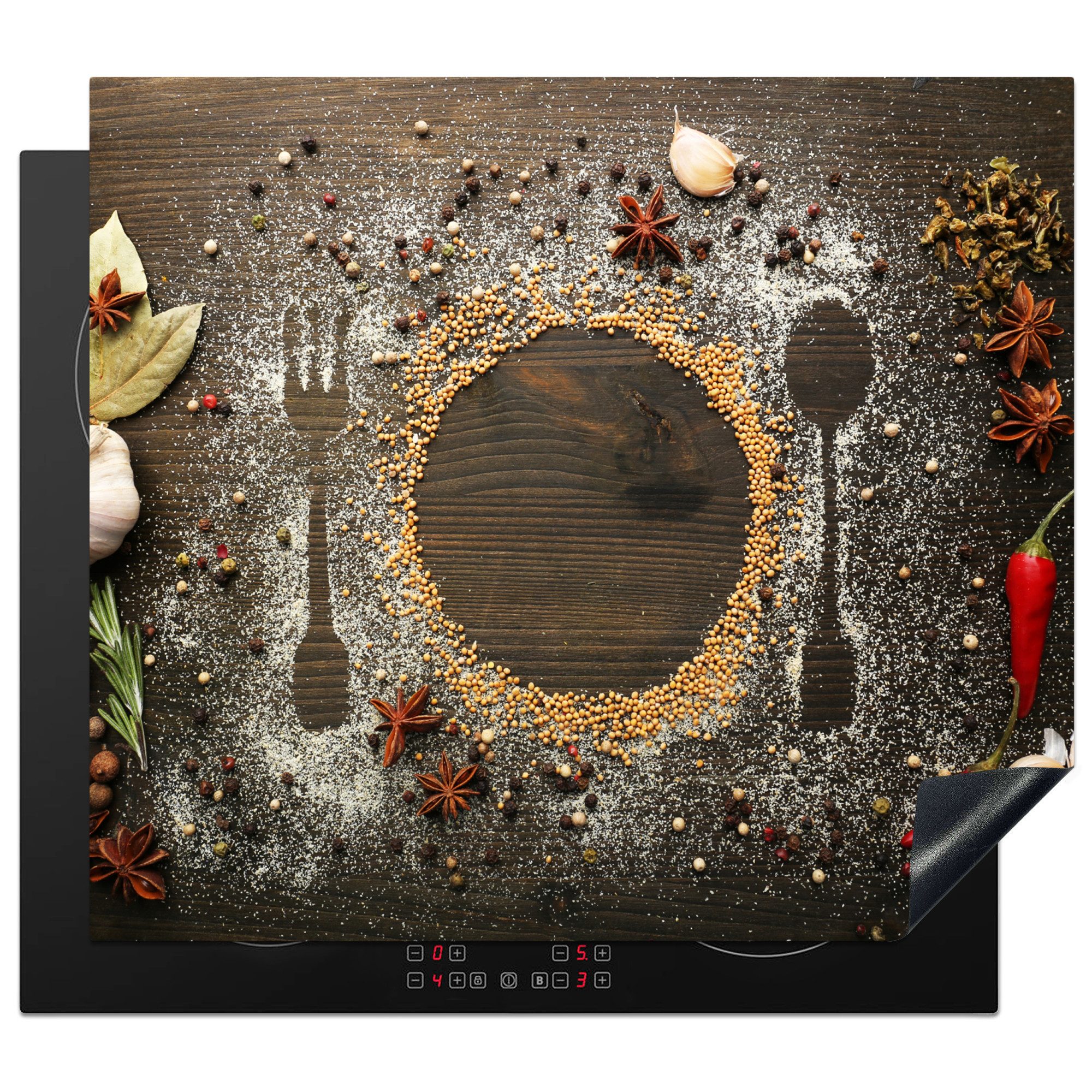MuchoWow Herd-Abdeckplatte Holz - Gewürze - Besteck - Teller, Vinyl, (1 tlg), Abdeckplatte für Ceranfeld, Herd Inductionsmatte, 60x50 cm