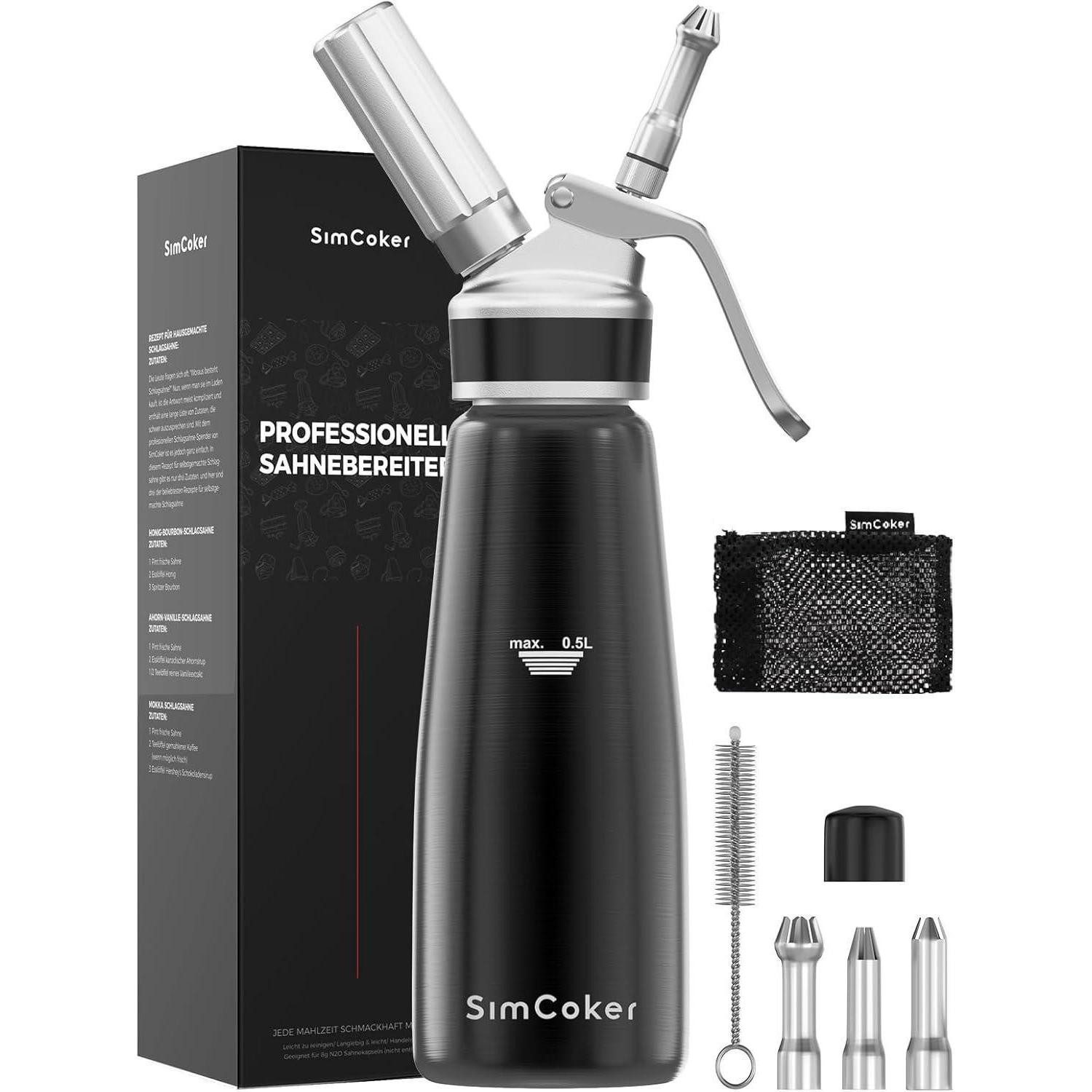 SimCoker Sahnesyphon Sahnespender Aluminium schwarz 500ML inkl. 3 Edelstahldüsen