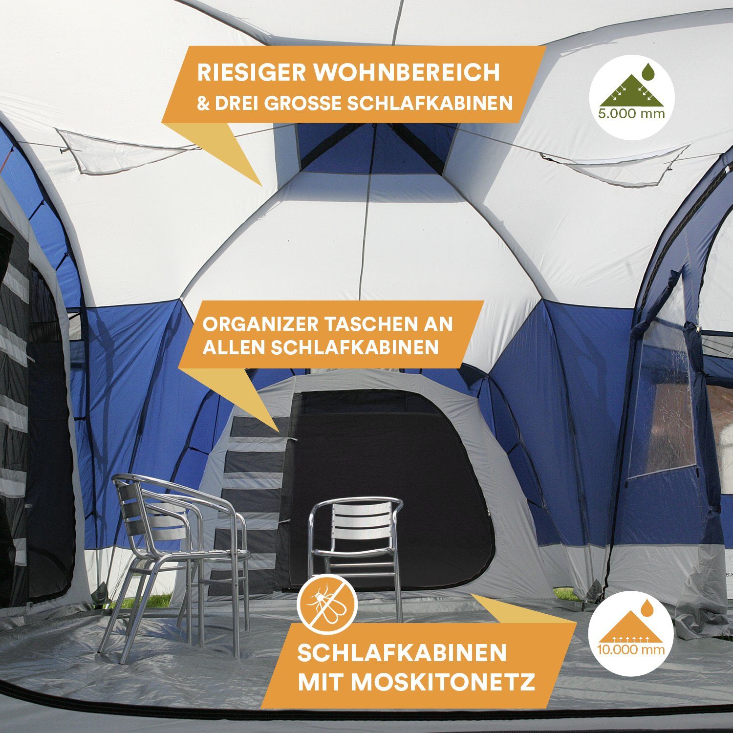 Skandika Kuppelzelt Nimbus 12 Gruppenzelt, Campingzelt mit 3 Schlafkabinen, Personen: 12, wasserdicht, 5000mm Wassersäule, 2,15m Stehhöhe, versetzbare Frontwand