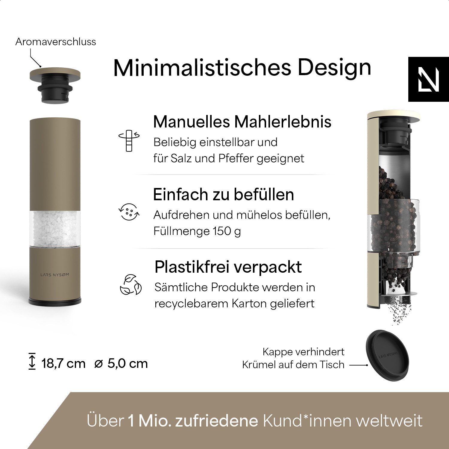 LARS NYSØM Gewürzmühle Lagom manuelle Bedienung, (2 Stück), Edelstahl Gewürzmühlenset mit Keramikmahlwerk (Stufenlos) – Bild 4 von 5