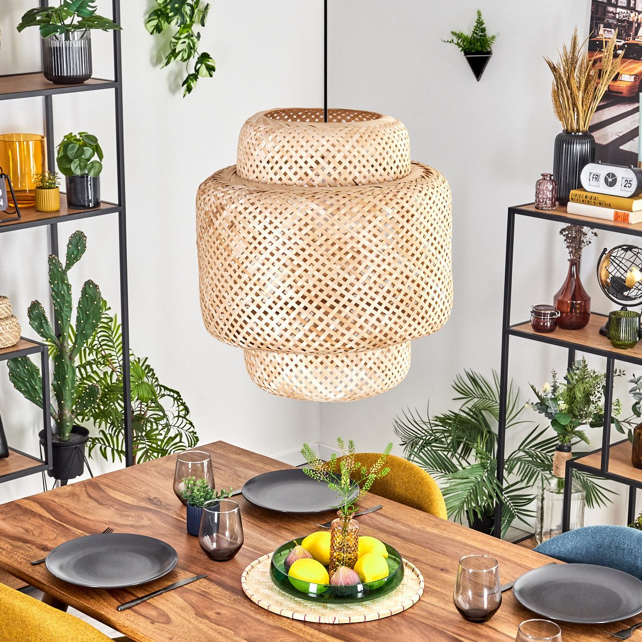 hofstein Hängeleuchte Hängelampe aus Metall/Bambus in Schwarz/Natur im Boho-Design, Hängeleuchte mit Schirm in Gitter-Optik (45cm), Höhe max. 146cm, E27