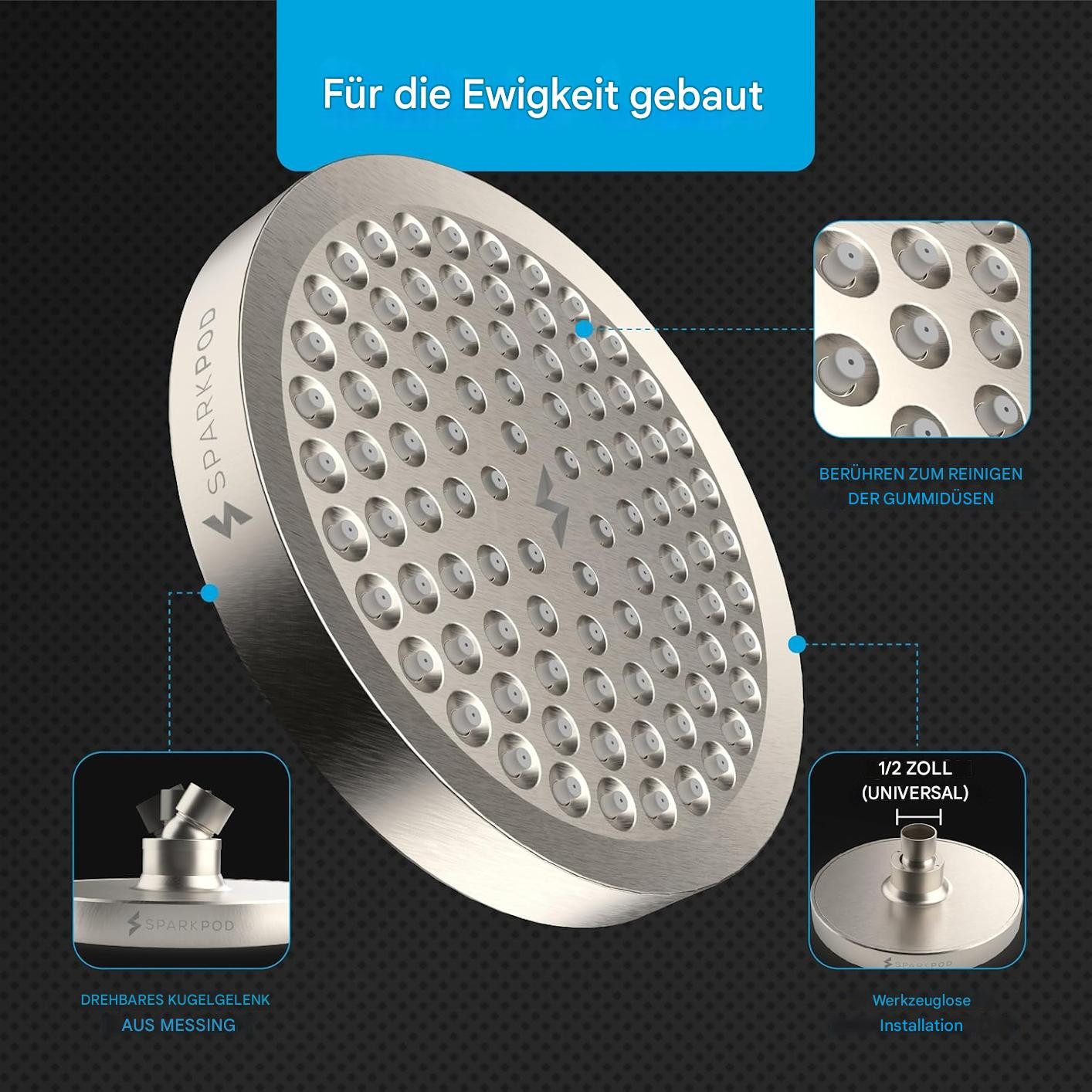 sparkpod Regenduschkopf Luxus XL Hochdruck Duschkopf Regendusche Anti-Kalk Düsen Spa-Feeling, (Luxuriöser Duschkopf mit Hochdruck-Wasserdurchfluss, modernes Design, 4-tlg., Hochdruck-Regendusche mit 90 Anti-Kalk-Düsen, einfache Montage), Hochdruck-Duschkopf mit Anti-Kalk-Düsen werkzeugfreier Installation.