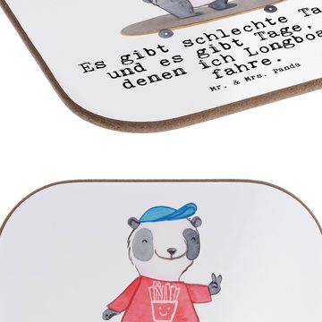 Mr. & Mrs. Panda Getränkeuntersetzer Panda Longboard fahren - Weiß - Geschenk, Sport, Auszeichnung, Bierde, 1-tlg., Innovative Designs