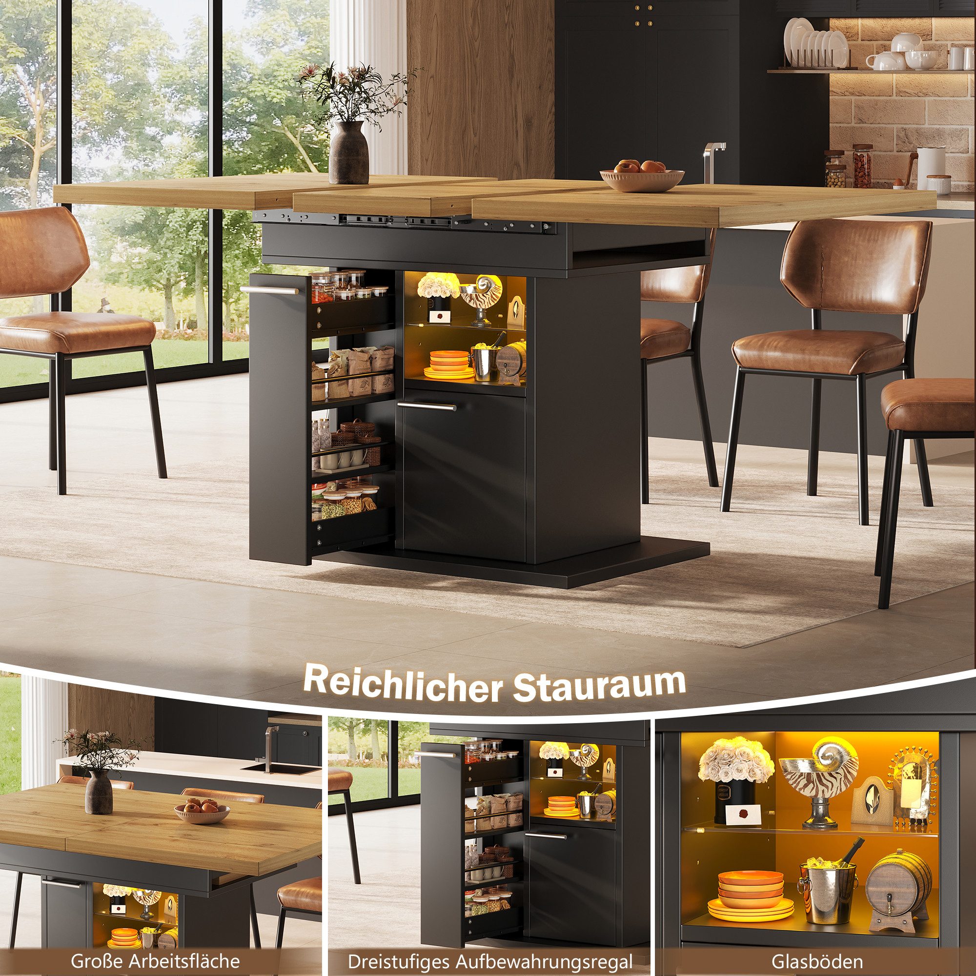 i@home Esstisch Ausziehbarer mit Stauraum & LED-Beleuchtung (Packung Set), platzsparend mit Glasablagen ausziehbar für 4-6 Personen