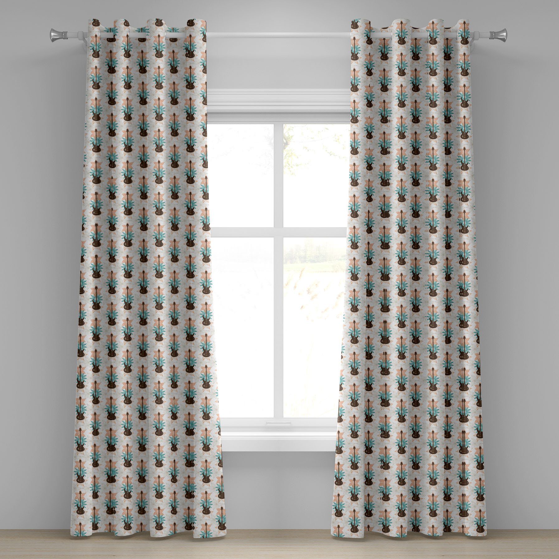 2-Panel-Fenstervorhänge Abakuhaus, Gardine für Dekorative Grunge Wohnzimmer, Blumen Gitarre Schlafzimmer Bass
