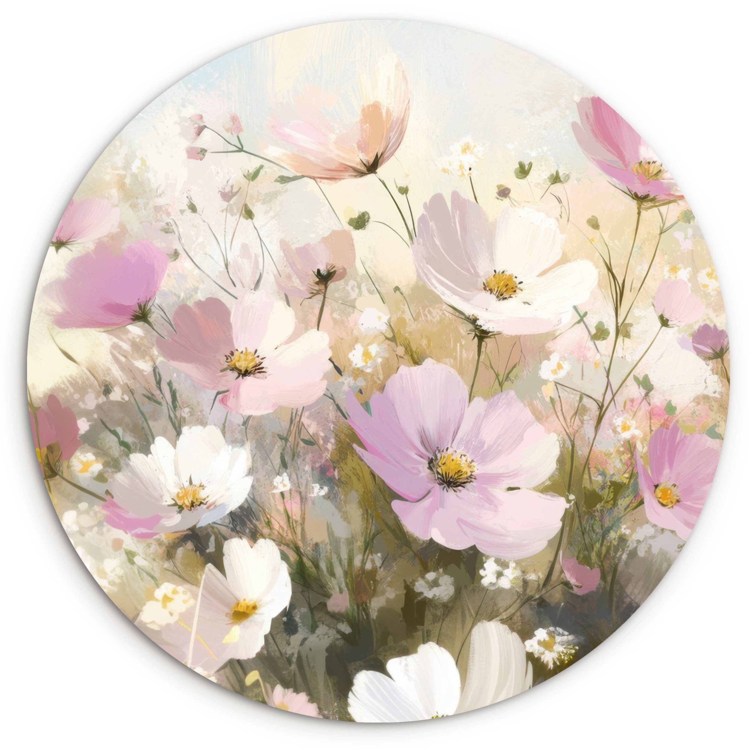 MuchoWow Gemälde Blumenfeld - Helle Farbtöne - Gemalt, Fotodruck (1 St), Kreis Wanddekoration, Rundes Wandbild, 30x30 cm