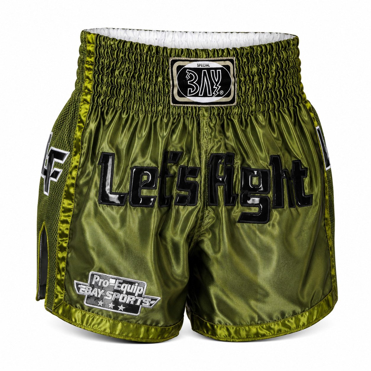 BAY-Sports Shorts Kurze Fitness Streetwear Sporthose olive Workout Let´s Fight Glänzendes Rexin sowie hochwertigen Applikationen.