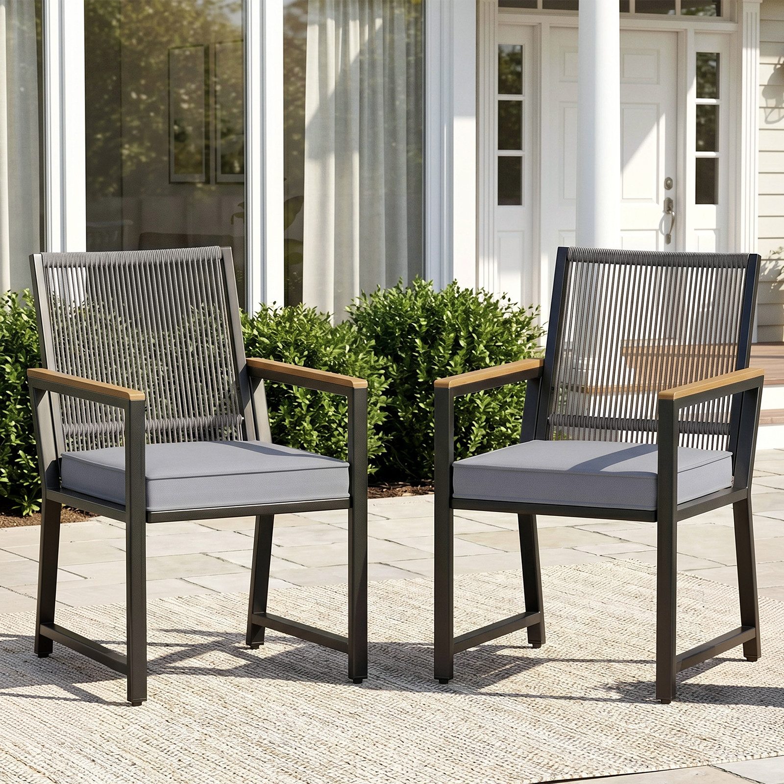 TLGREEN Gartenstuhl Rattan,Wetterfest, Balkonstuhl mit WPC Armlehne, (Outdoor Stuhl mit abnehmbar Kissen, Essstühle aus Metall, 2 St), bis 160 kg belastbar, für Terrasse, Garten, Balkon,Pool