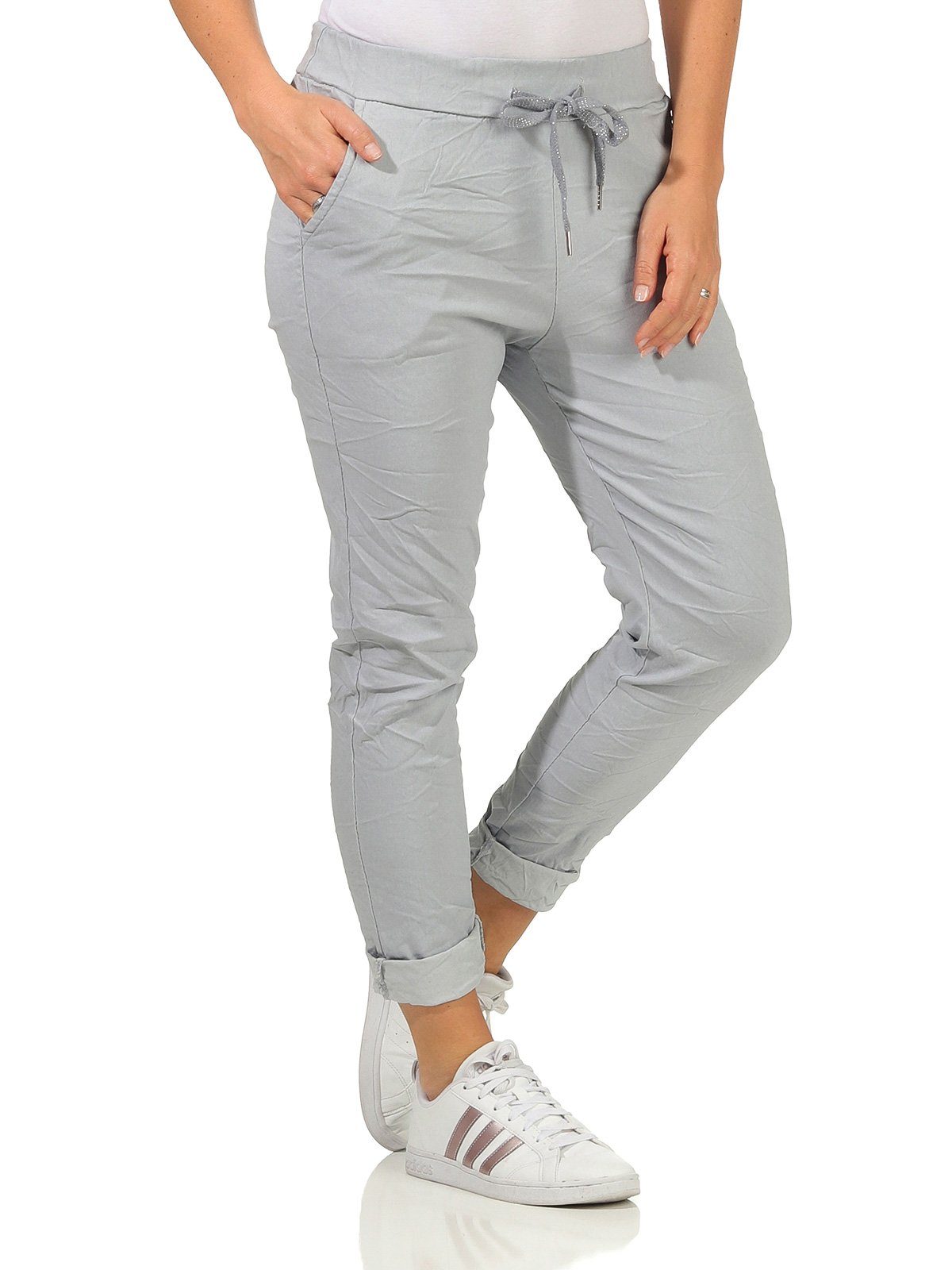 Schlupfhose (1-tlg) Basic mit Bund für Aurela Chinohose Hellgrau Damenmode Kordelzug, Damen elastischem mit Freizeithose angenehme Schlupfhose