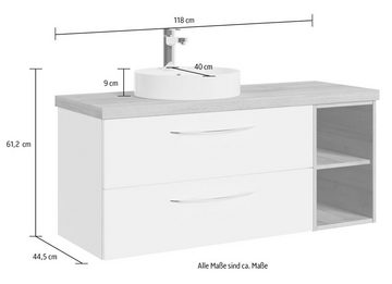 Saphir Waschtisch Serie 4035 Keramik-Aufsatzbecken mit Unterschrank, 118 cm breit, Waschplatz mit 2 Schubladen, Riviera Eiche quer Nachbildung