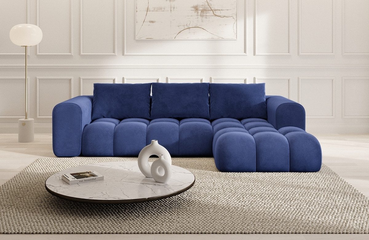 Sofa Dreams Ecksofa Casaluna L Form kurz Stoff Couch Polsterecke, 4-Sitzer, Ottomane rechts, Samtstoff Bezug in Dunkelblau