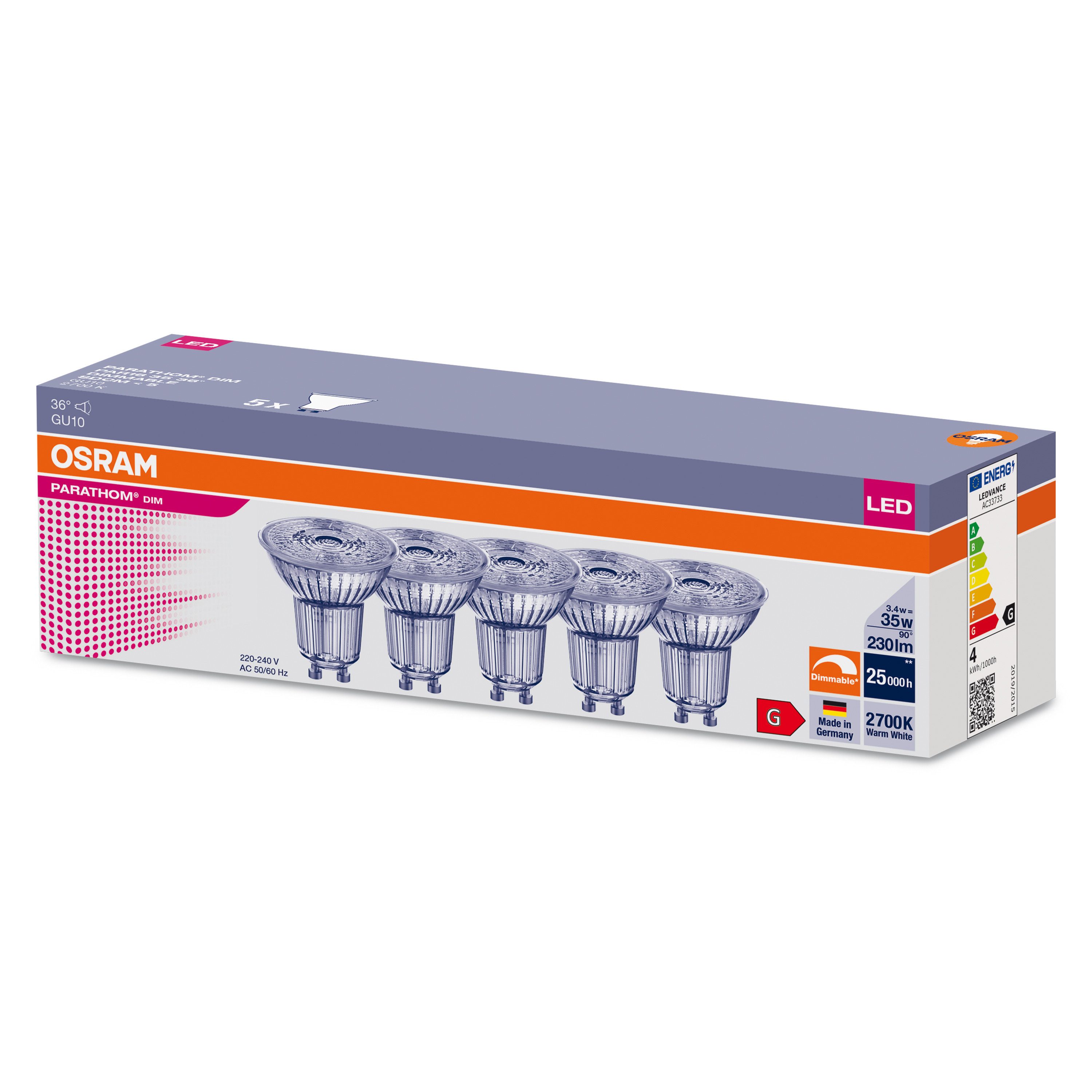 Ledvance LED-Leuchtmittel 5er OSRAM LED GU10 3,4W = 35W Reflektor 230lm 36° Warm 2700K DIMMBAR, GU10, Warmweiß