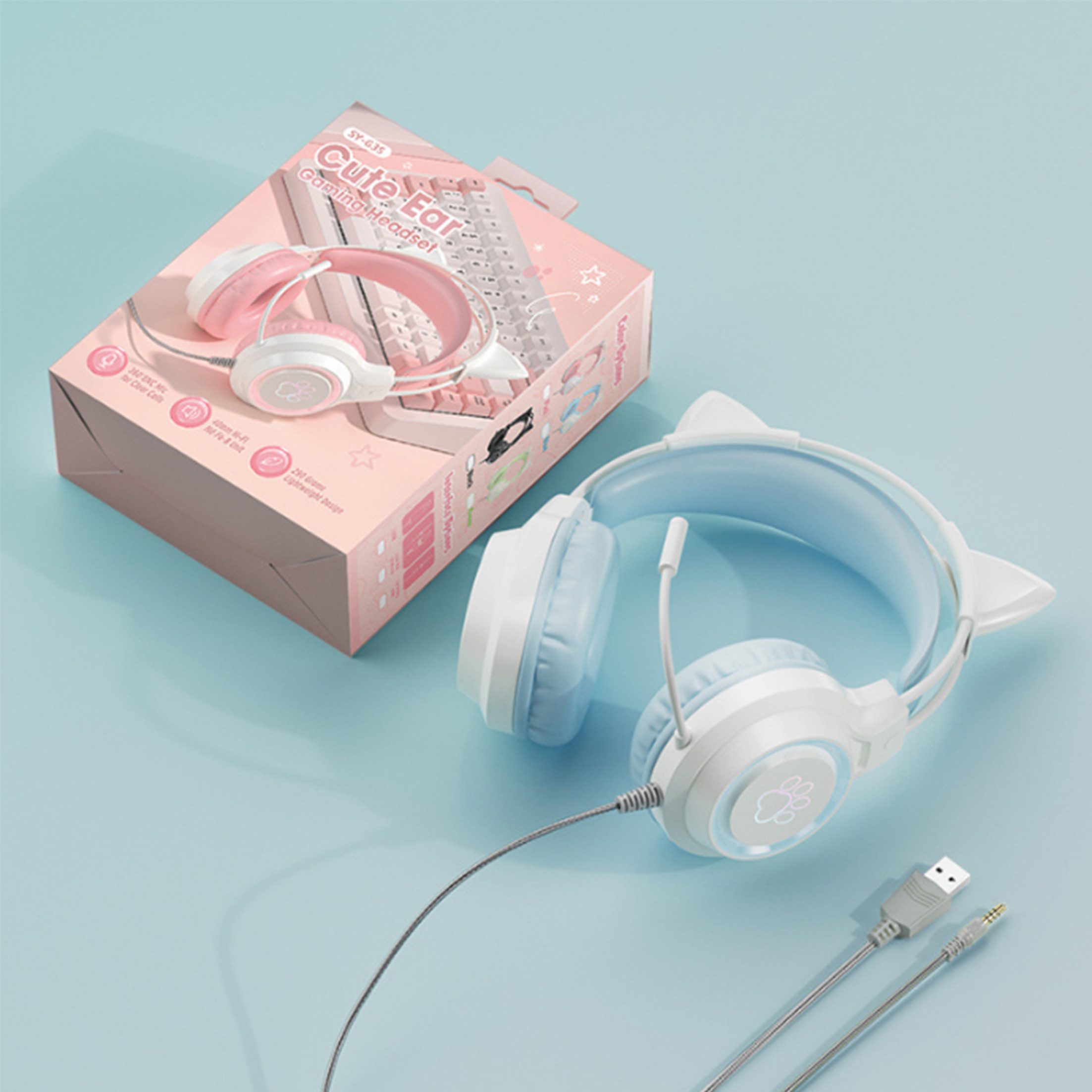 KINSI Katzenohren Gaming Headset mit RGB LED - 360° Mikrofon Gaming-Headset (Active Noise Cancelling)