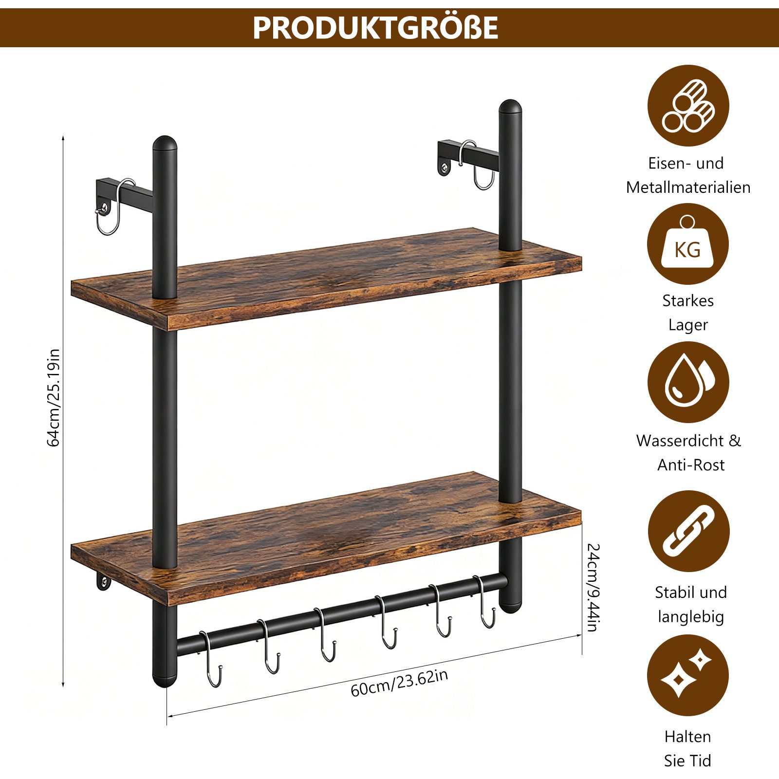 BlingBin Wandregal 2-stufiges schwebendes Rohrregal, Küchenregal mit Rundrohr und Haken, Industrial Regal 1-tlg., Schweberegal, Gewürzregal, Holzregal für Dekoration und Aufbewahrung