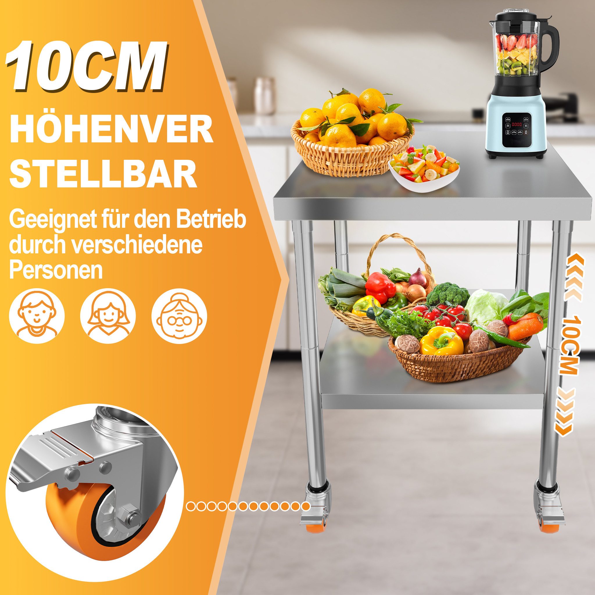 FIVMEN Arbeitstisch Edelstahltisch Edelstahl Küchen Grilltisch mit 4 Räder Küchenplatte, Professionelle Gewerbliche Küchenarbeitsbank für Restaurant, Schule
