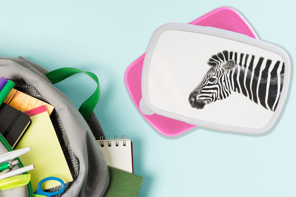 rosa Erwachsene, - Mädchen, Tiere Snackbox, Lunchbox - Kunststoff, Kunststoff Brotdose (2-tlg), Zebra MuchoWow Brotbox Weiß, Kinder, für