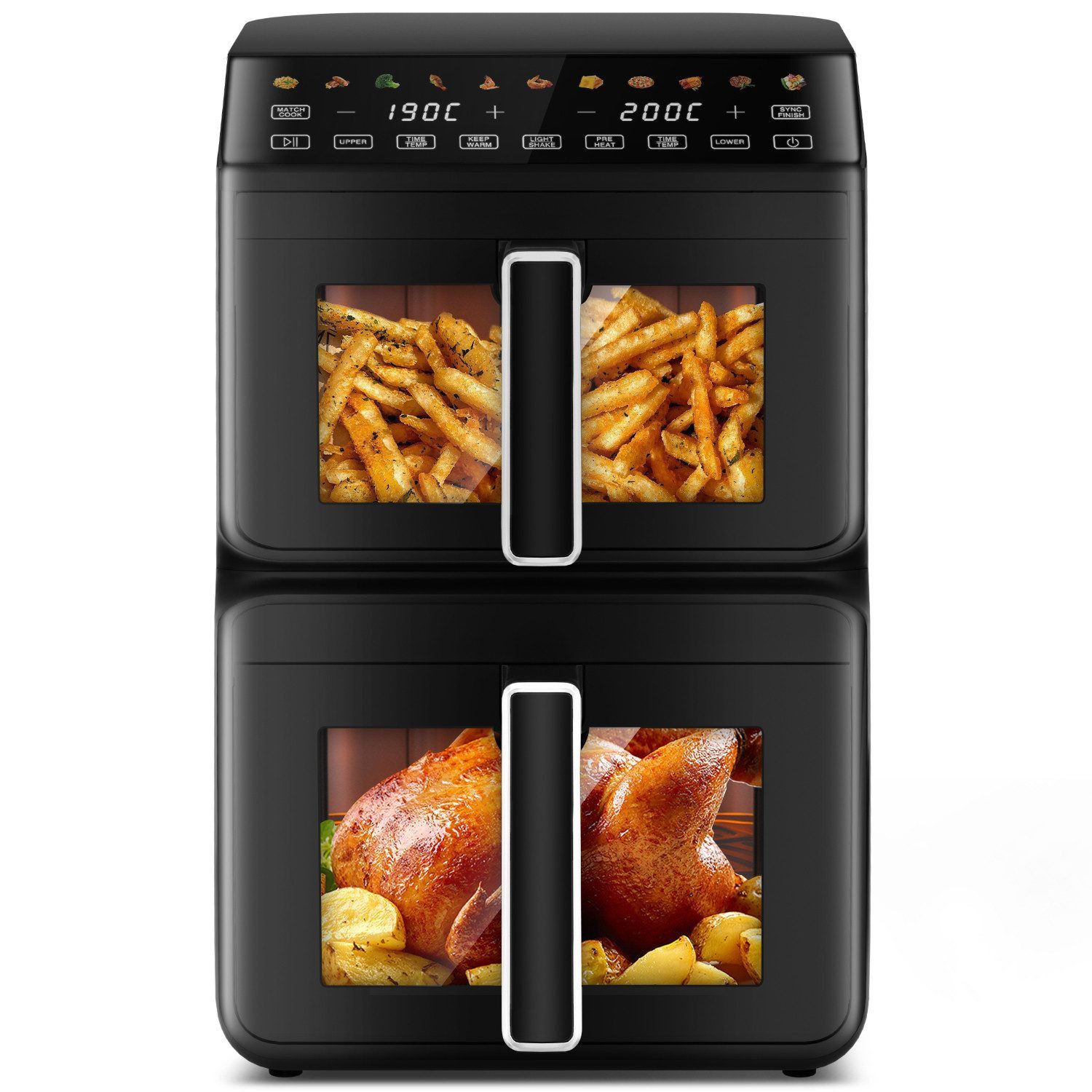 Fukstern Heißluftfritteuse 2 Kammern, Airfryer 11L mit 11 voreingestellte Programme,Touchdisplay, Sichtfenster, Unabhängige Temperaturregelung, 3000 W, Antihaft-Metallkörbe,4.5L+6.5L,fettarmes gesundes Kochen