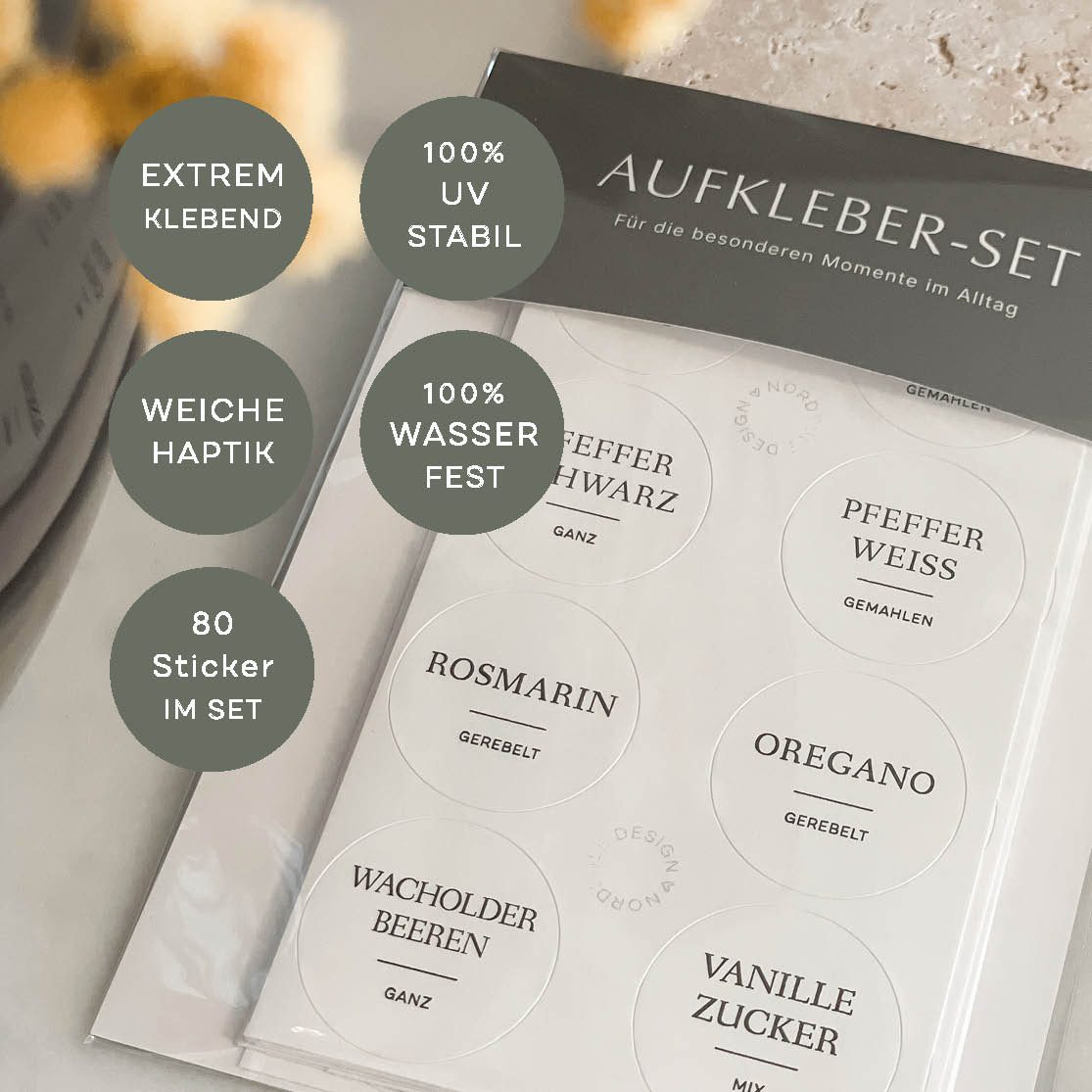 NORDEULE Etiketten 80 Stück Gewürzetikett selbstklebend, Gewürzaufkleber Wasserfest ⌀3cm, ideal für Beschriftung von Vorratsgläser, Gewürzaufbewahrung