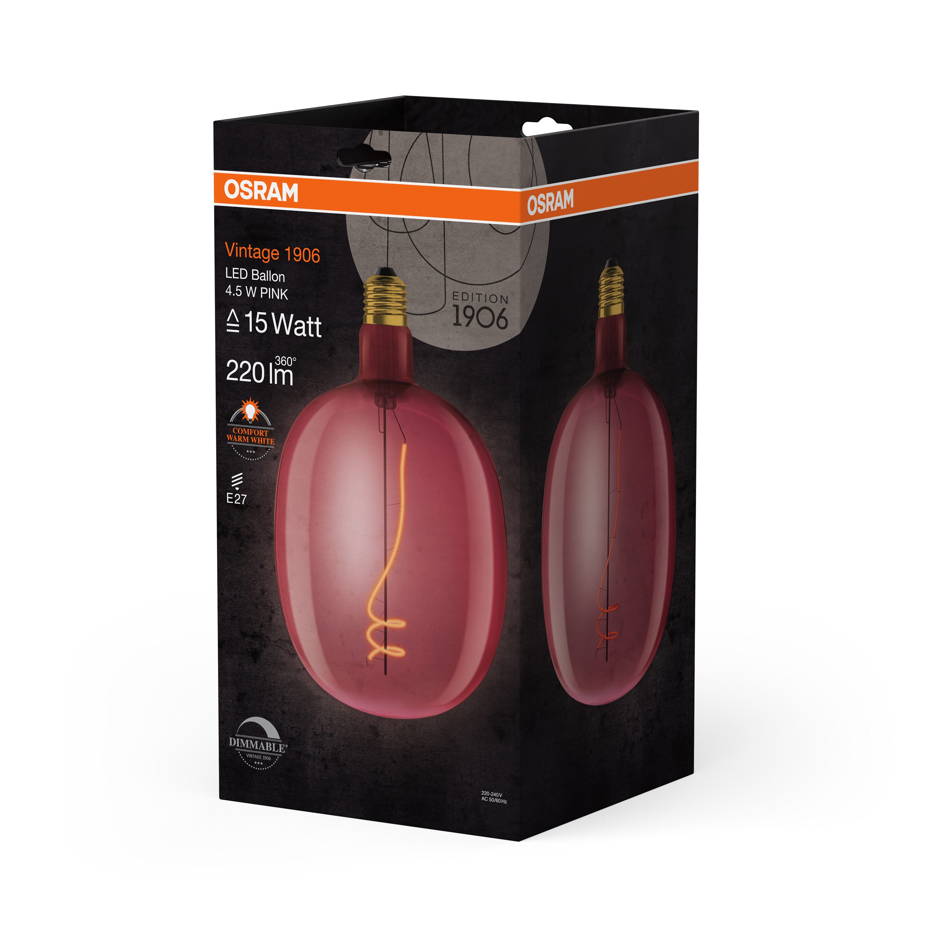 Ledvance LED-Leuchtmittel Vintage 1906 Balon 15 Filament DIM 4.5W 816 Pink E27, E27, 1 St., Komfort warmes Weiß, Geringerer Energieverbrauch als Glüh- oder Halogenlampen