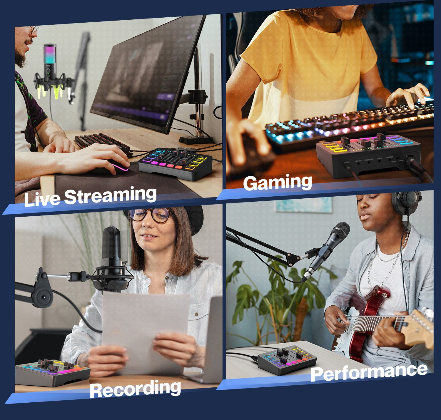 FIFINE Mischpult Gaming Audio Mixer, Streaming RGB PC Mixer mit XLR Mikrofon Interface, individuelle Steuerung, Lautstärkeregler, Stummschaltungstaste